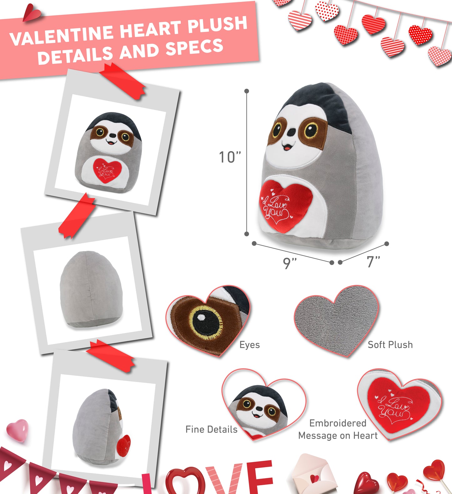PLUSH I LOVE YOU RED HEART - SNUG-MOOSHIES PLUSH - SLOTH 10"