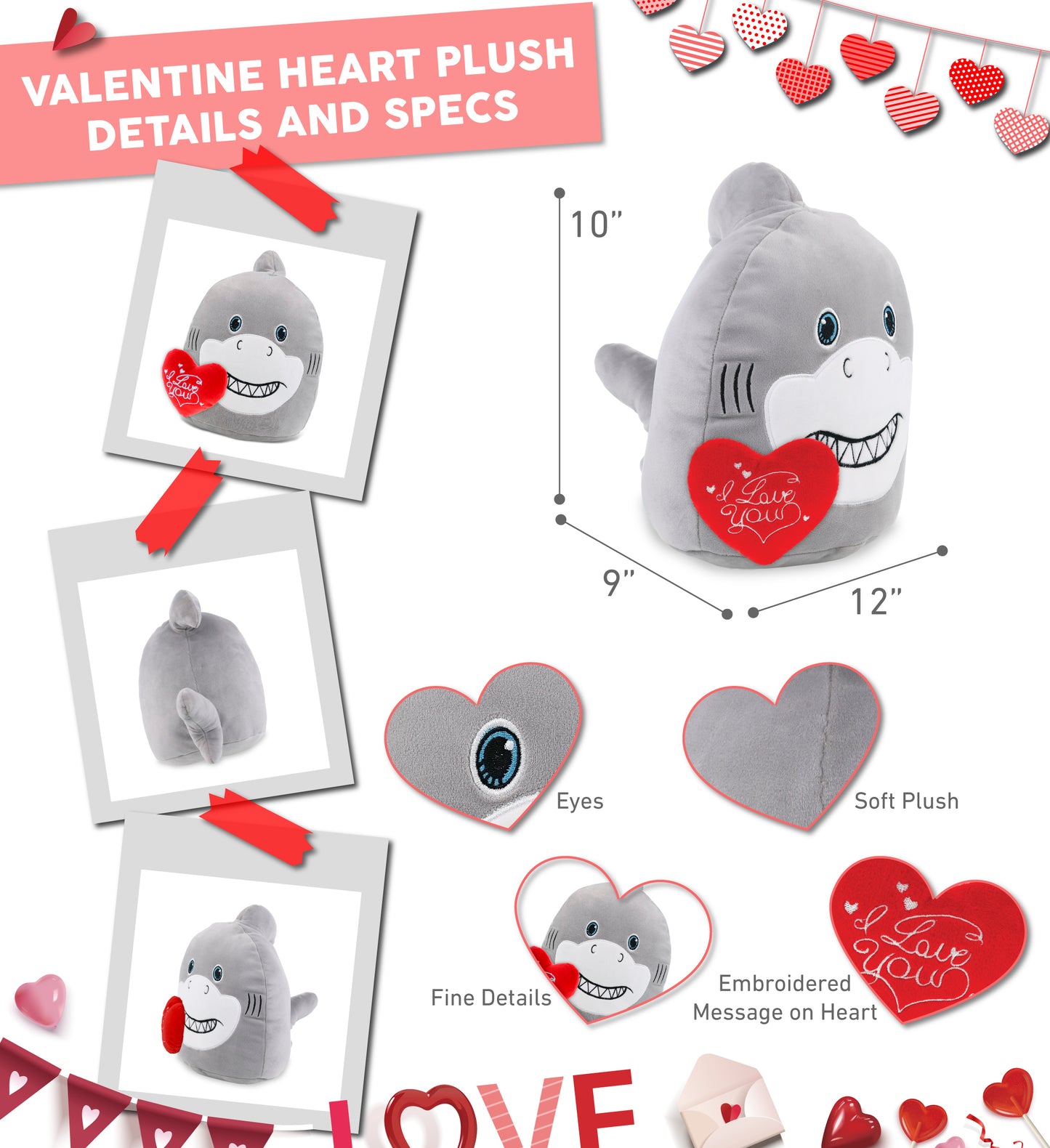 PLUSH I LOVE YOU RED HEART - SNUG-MOOSHIES PLUSH - SHARK 10"