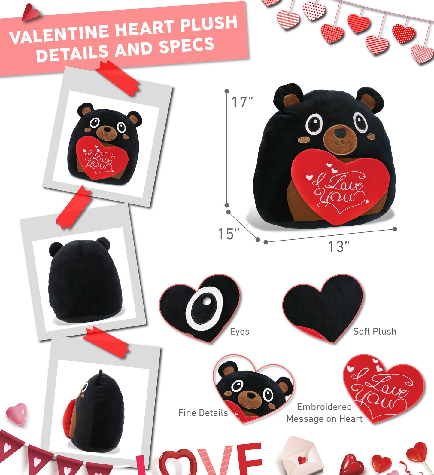 PLUSH PILLOW - I LOVE YOU RED HEART - 12 INCH - SNUG-MOOSHIES PLUSH - BLACK BEAR 17"