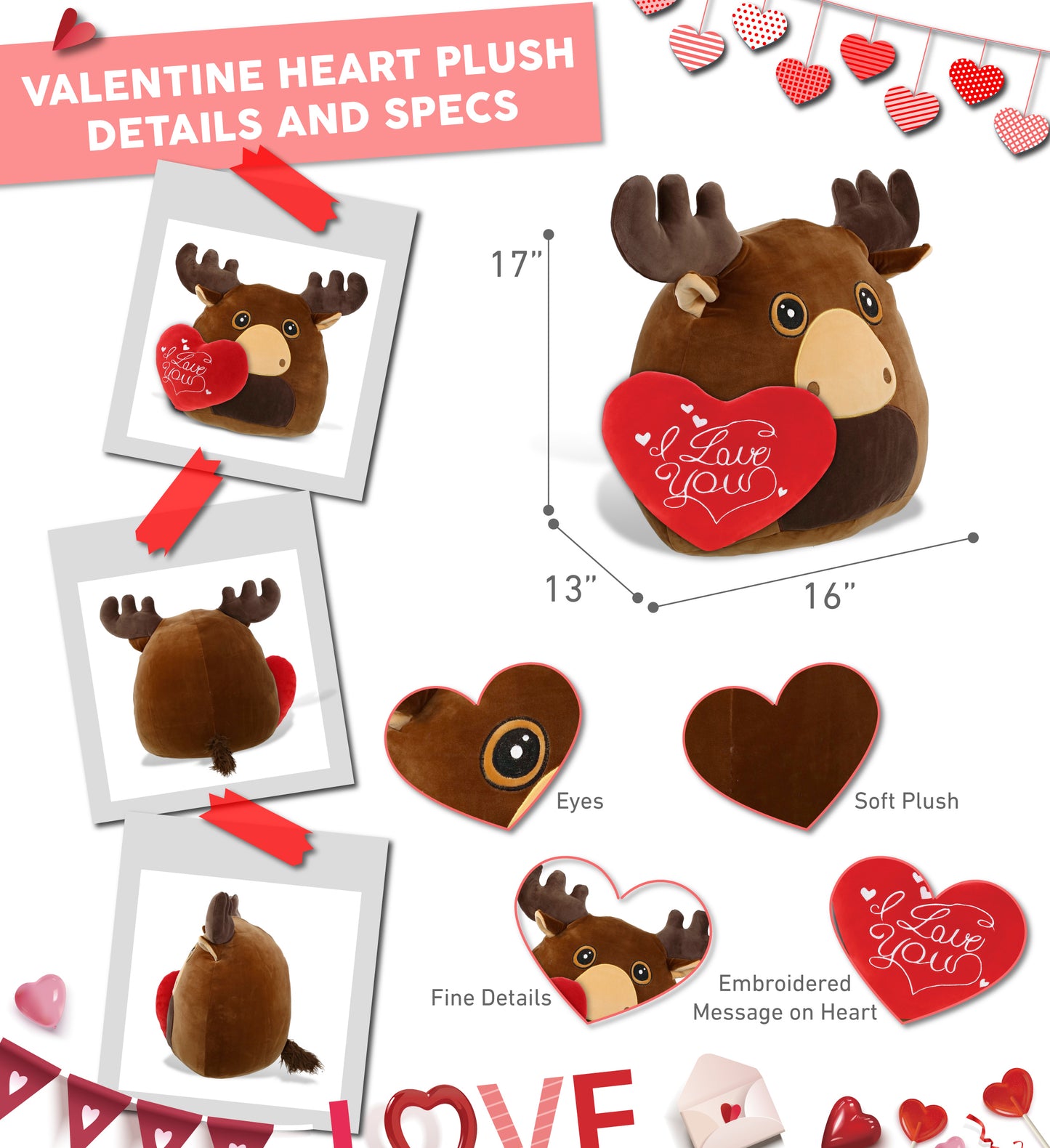 PLUSH PILLOW - I LOVE YOU RED HEART - 12 INCH - SNUG-MOOSHIES PLUSH - MOOSE 17"