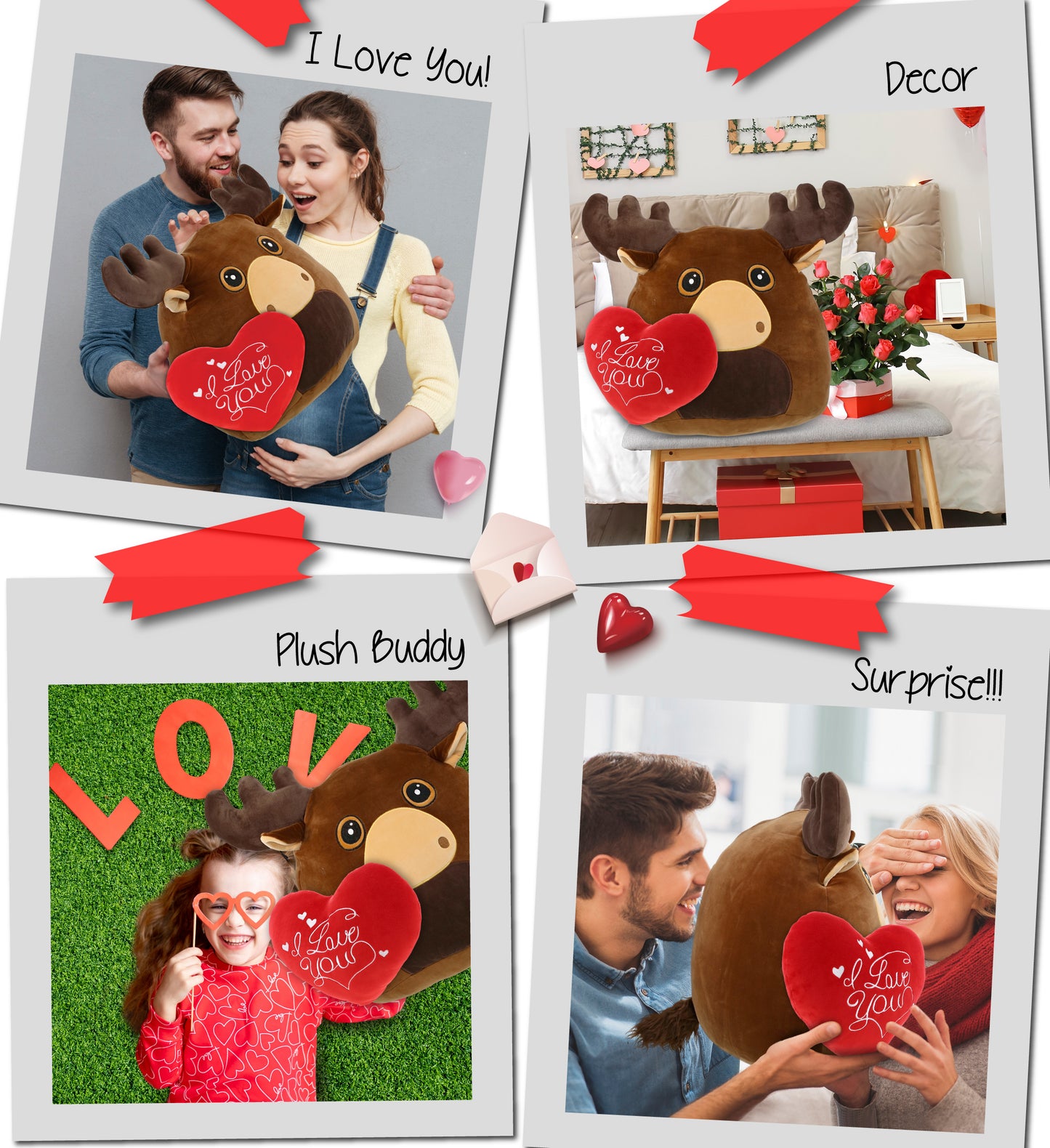 PLUSH PILLOW - I LOVE YOU RED HEART - 12 INCH - SNUG-MOOSHIES PLUSH - MOOSE 17"