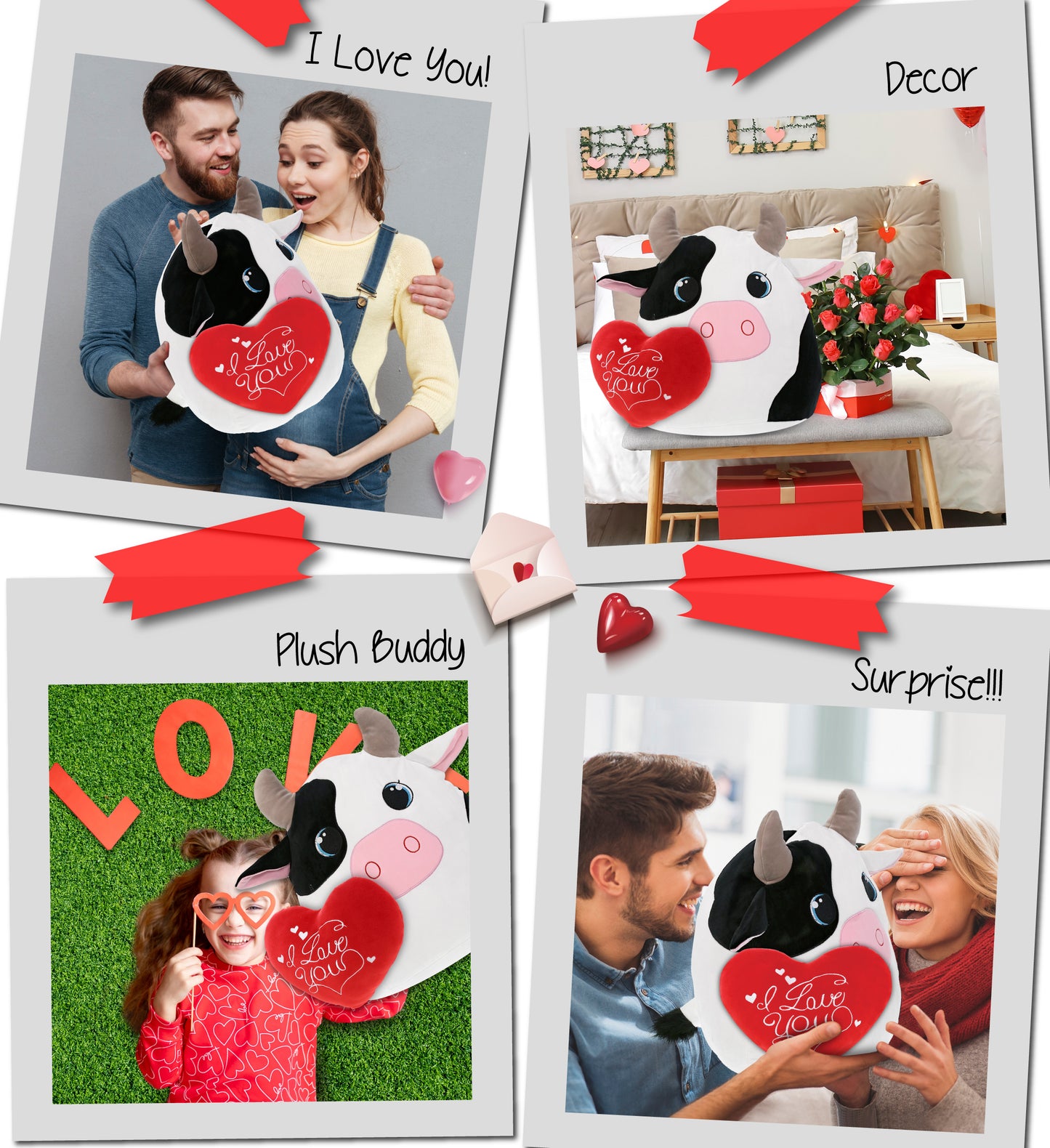 PLUSH PILLOW - I LOVE YOU RED HEART - 12 INCH - SNUG-MOOSHIES PLUSH - COW 17"