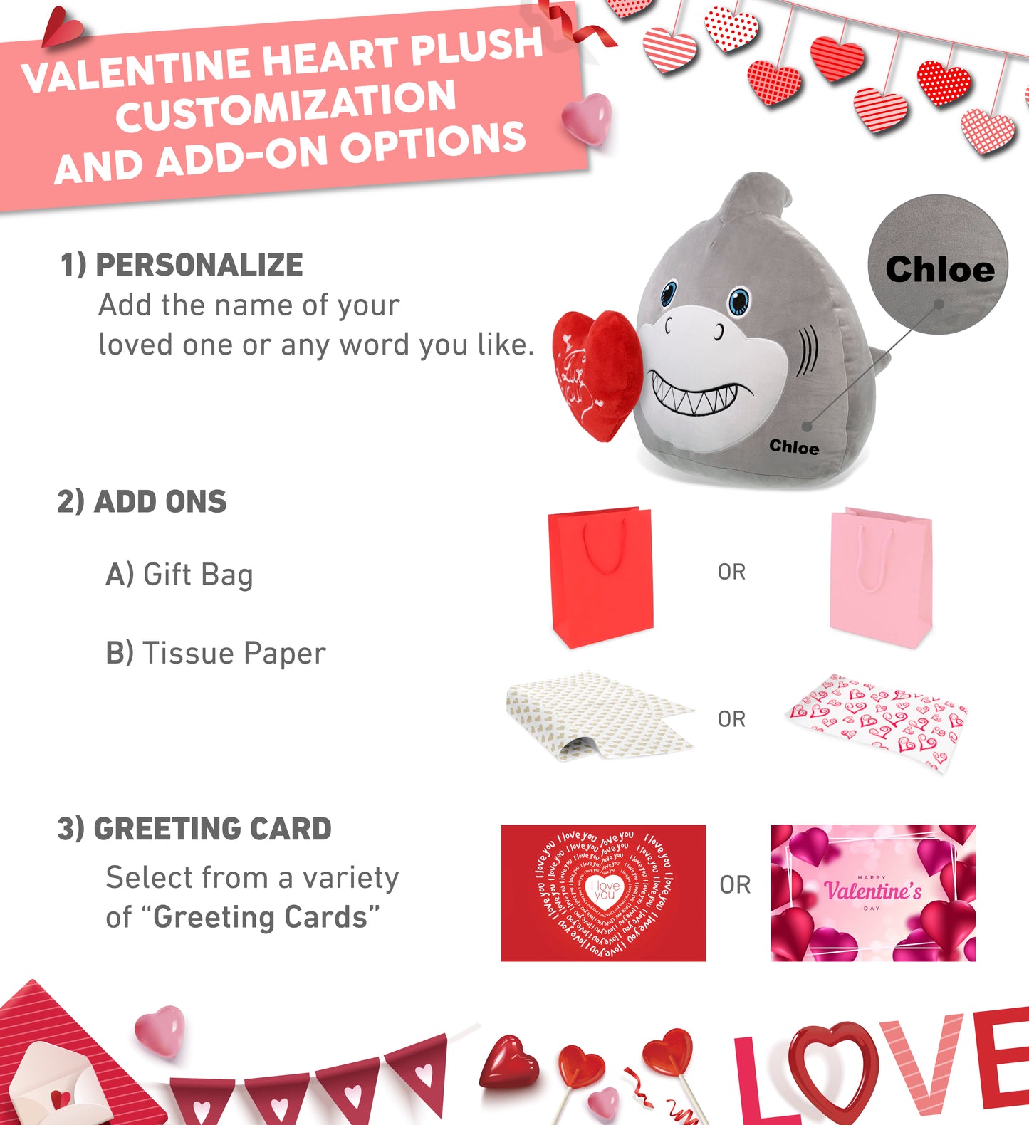 PLUSH PILLOW - I LOVE YOU RED HEART - 12 INCH - SNUG-MOOSHIES PLUSH - SHARK 17"