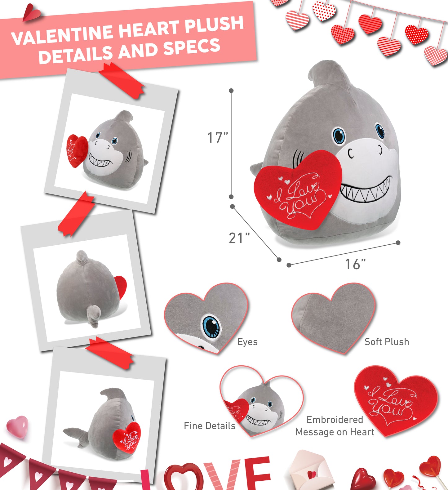 PLUSH PILLOW - I LOVE YOU RED HEART - 12 INCH - SNUG-MOOSHIES PLUSH - SHARK 17"
