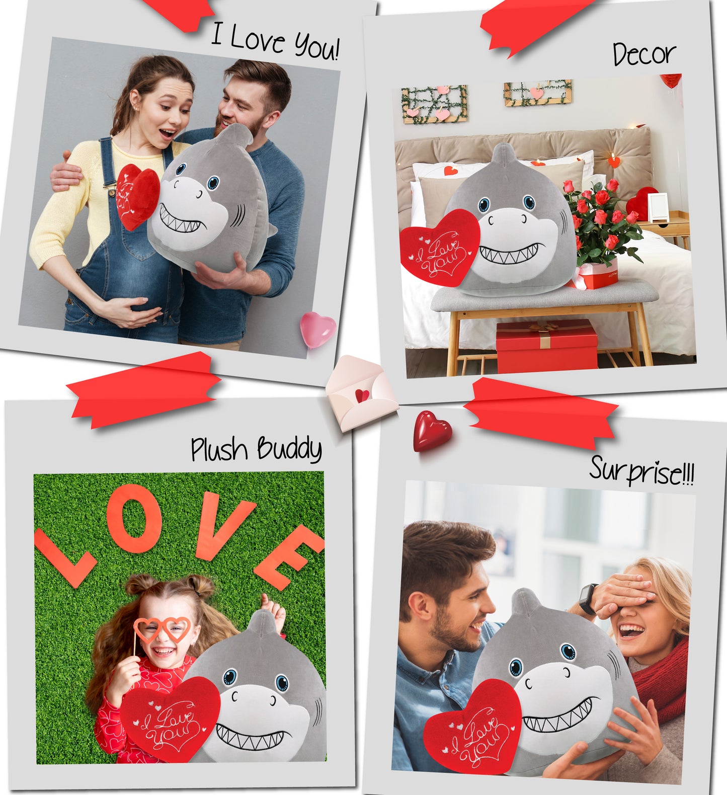 PLUSH PILLOW - I LOVE YOU RED HEART - 12 INCH - SNUG-MOOSHIES PLUSH - SHARK 17"
