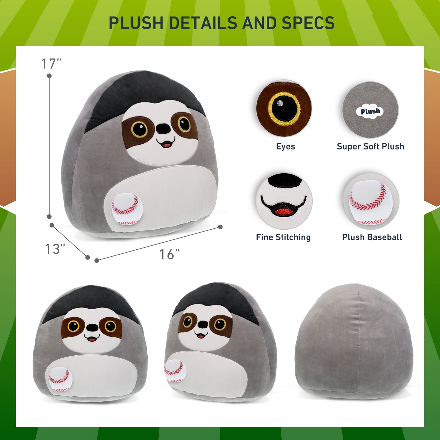 SNUG-MOOSHIES PLUSH - SLOTH 17" with Baseball Plush