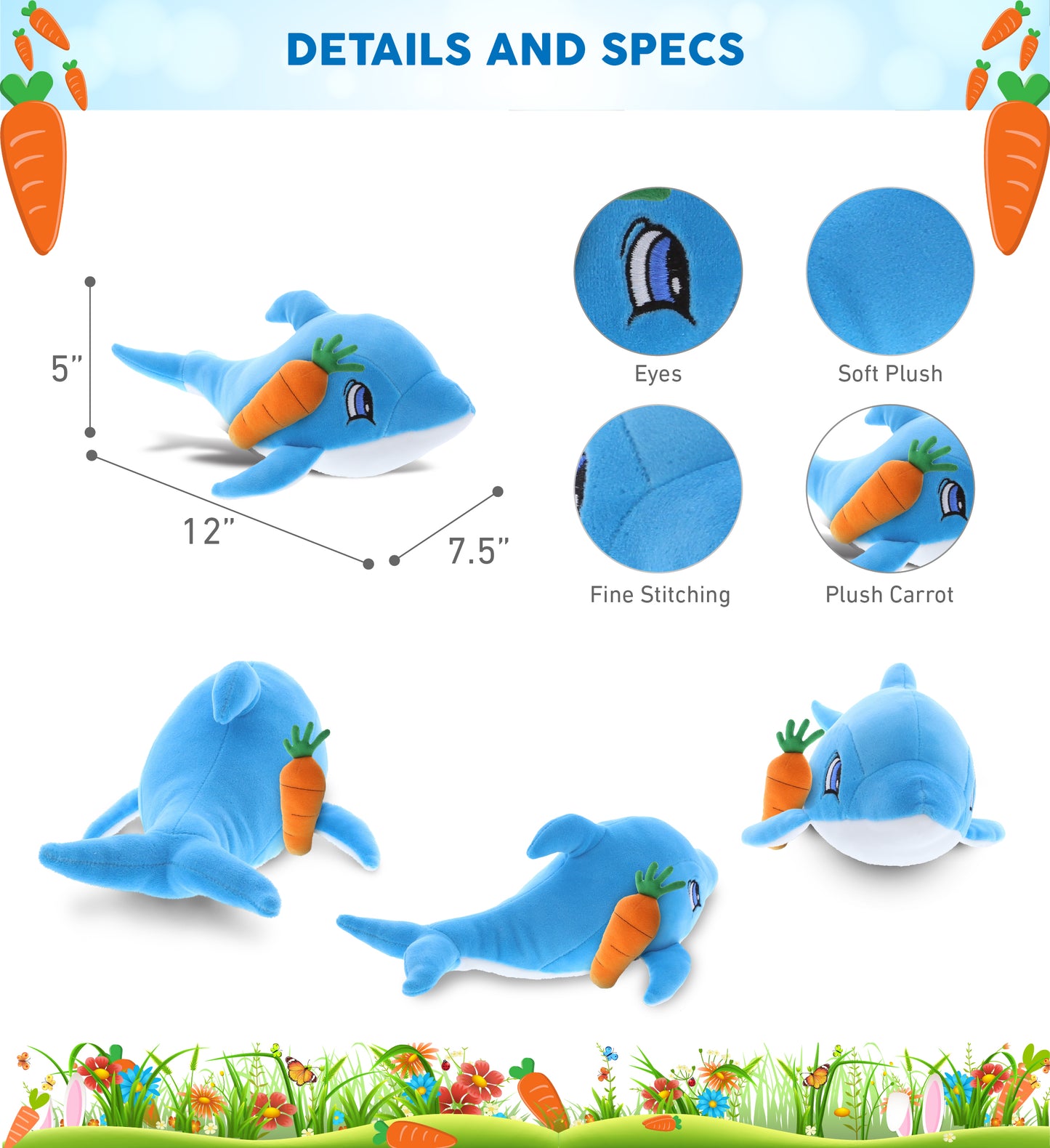 DolliBu Happy Easter Baby Soft Plush Blue Dolphin with Carrot Plush - 5 Inches