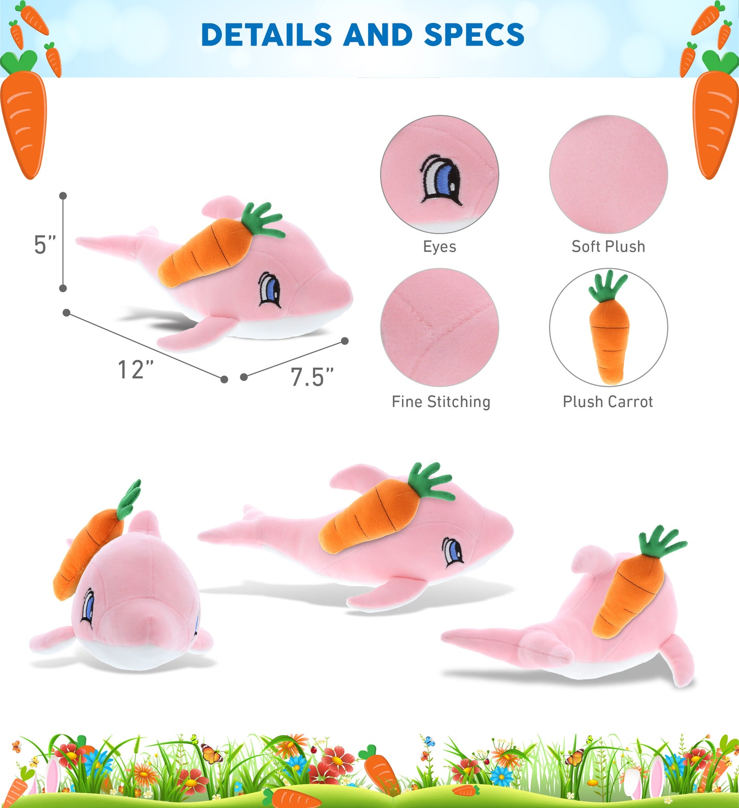 DolliBu Happy Easter Baby Soft Plush Pink Dolphin with Carrot Plush - 5 Inches