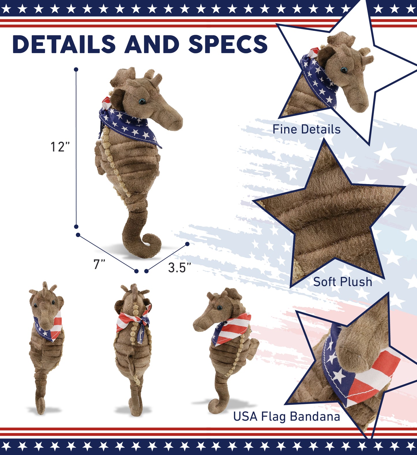 WILD COLLECTION PLUSH - 12" SEAHORSE WITH USA FLAG BANDANA