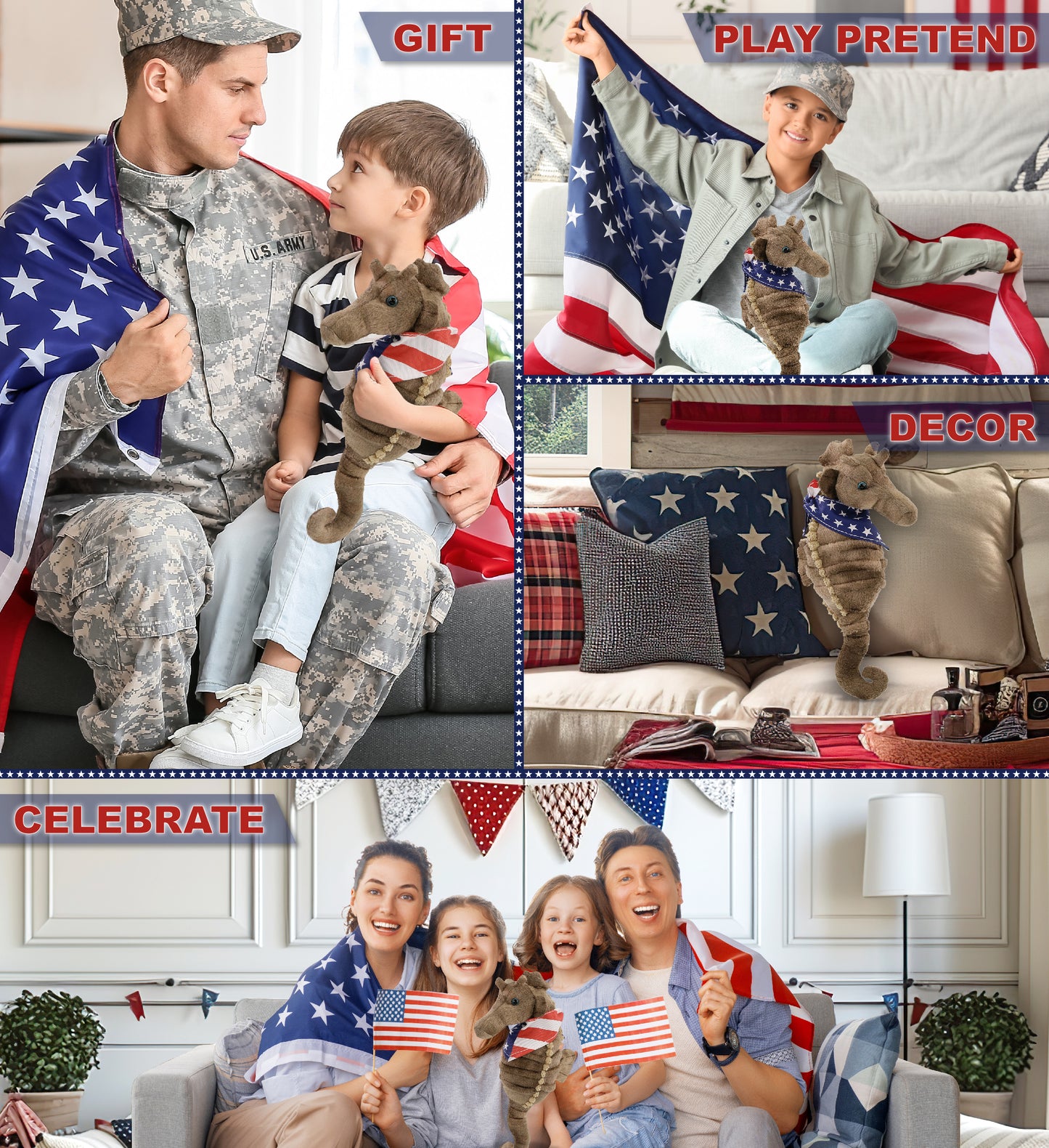 WILD COLLECTION PLUSH - 12" SEAHORSE WITH USA FLAG BANDANA