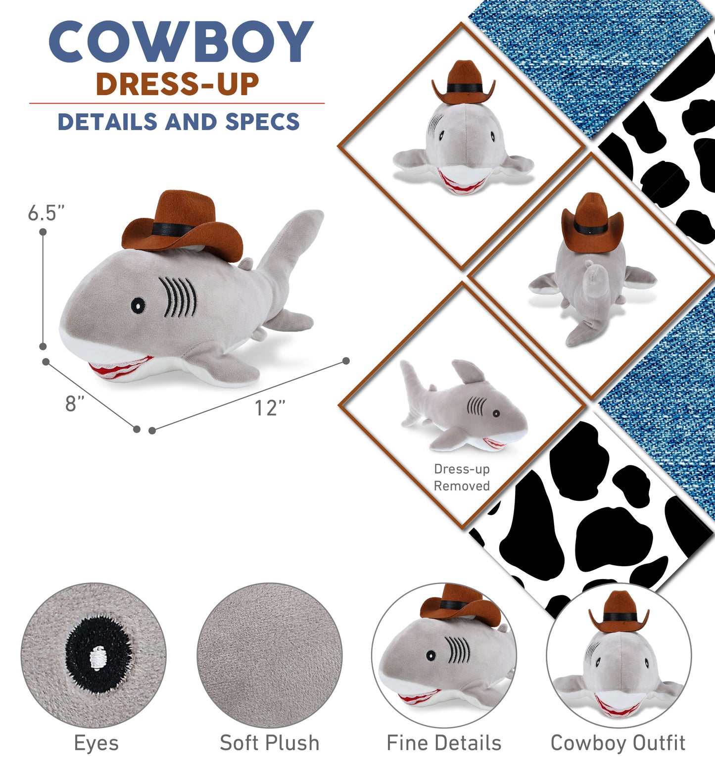 BABY SOFT PLUSH - GREY SHARK COWBOY DRESS UP