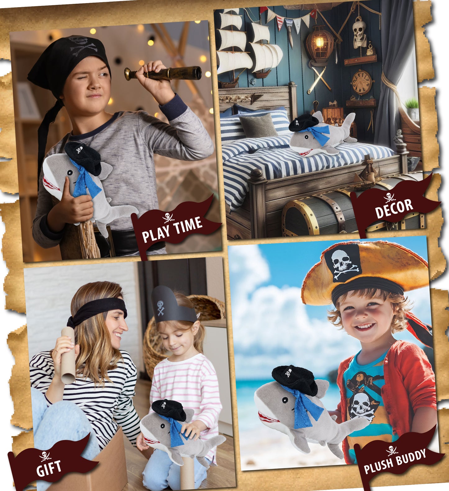 BABY SOFT PLUSH - GREY SHARK WITH PIRATE DRESS UP