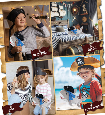 BABY SOFT PLUSH - GREY SHARK WITH PIRATE DRESS UP
