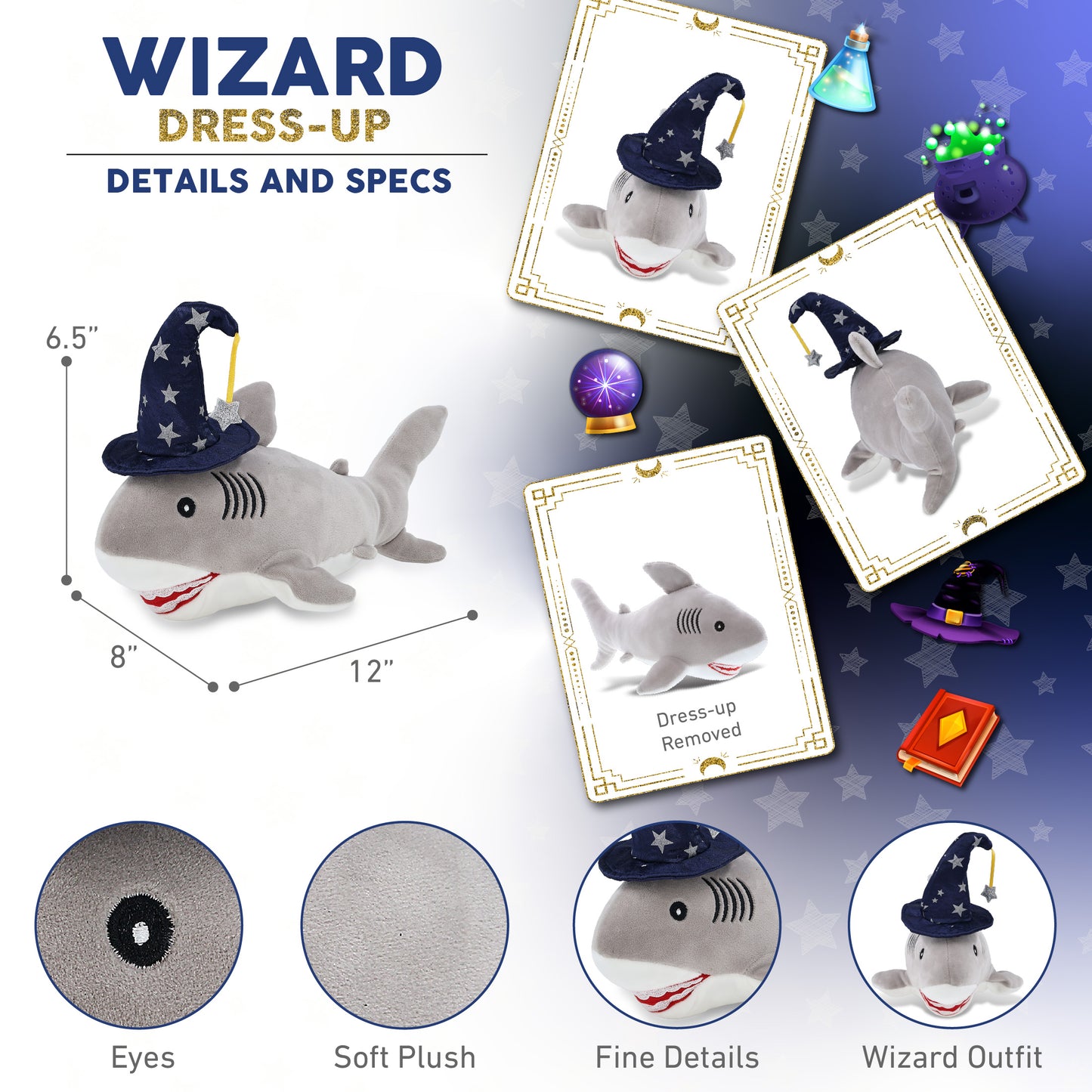 BABY SOFT PLUSH - GREY SHARK WITH WIZARD DRESS UP