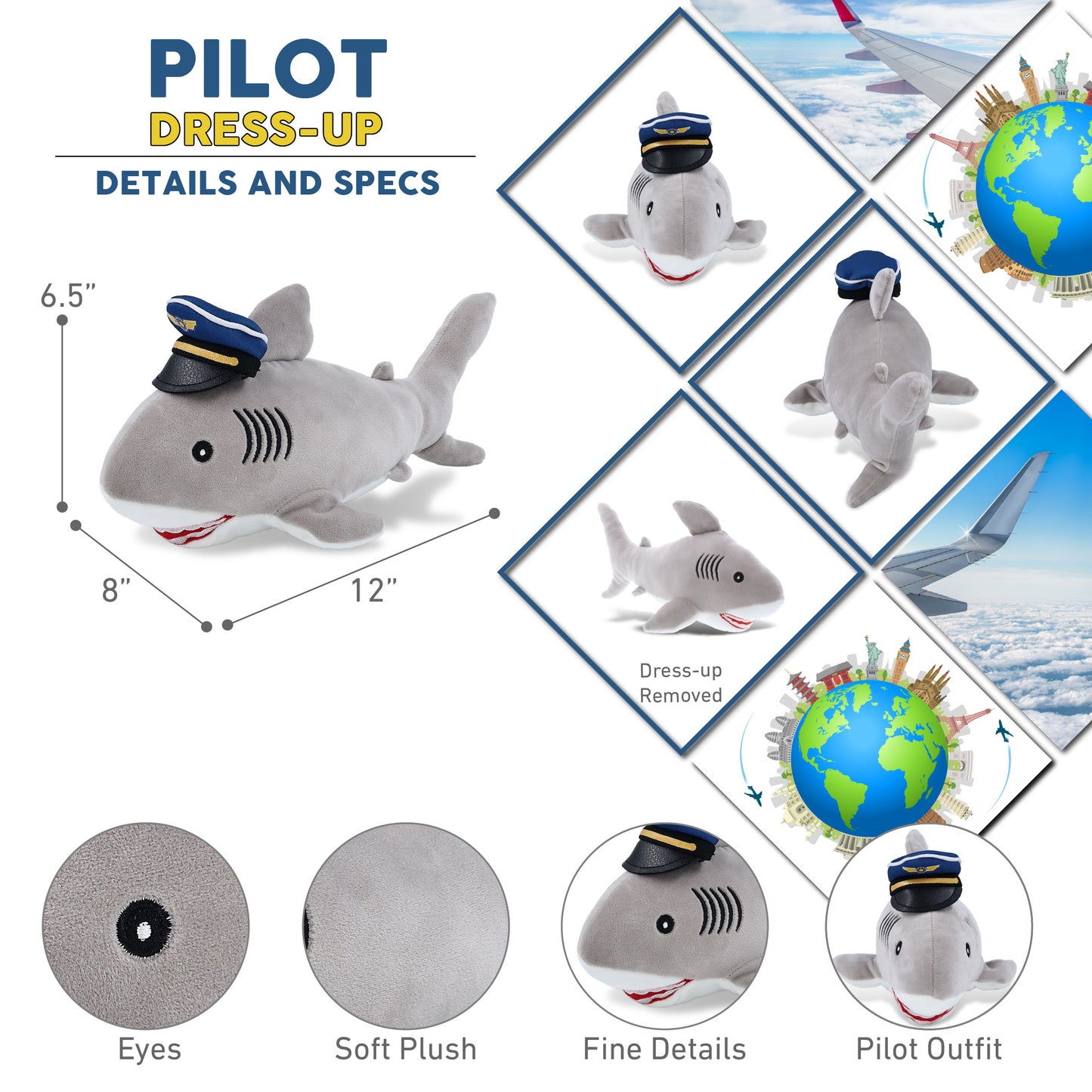 BABY SOFT PLUSH - GREY SHARK WITH PILOT DRESS UP