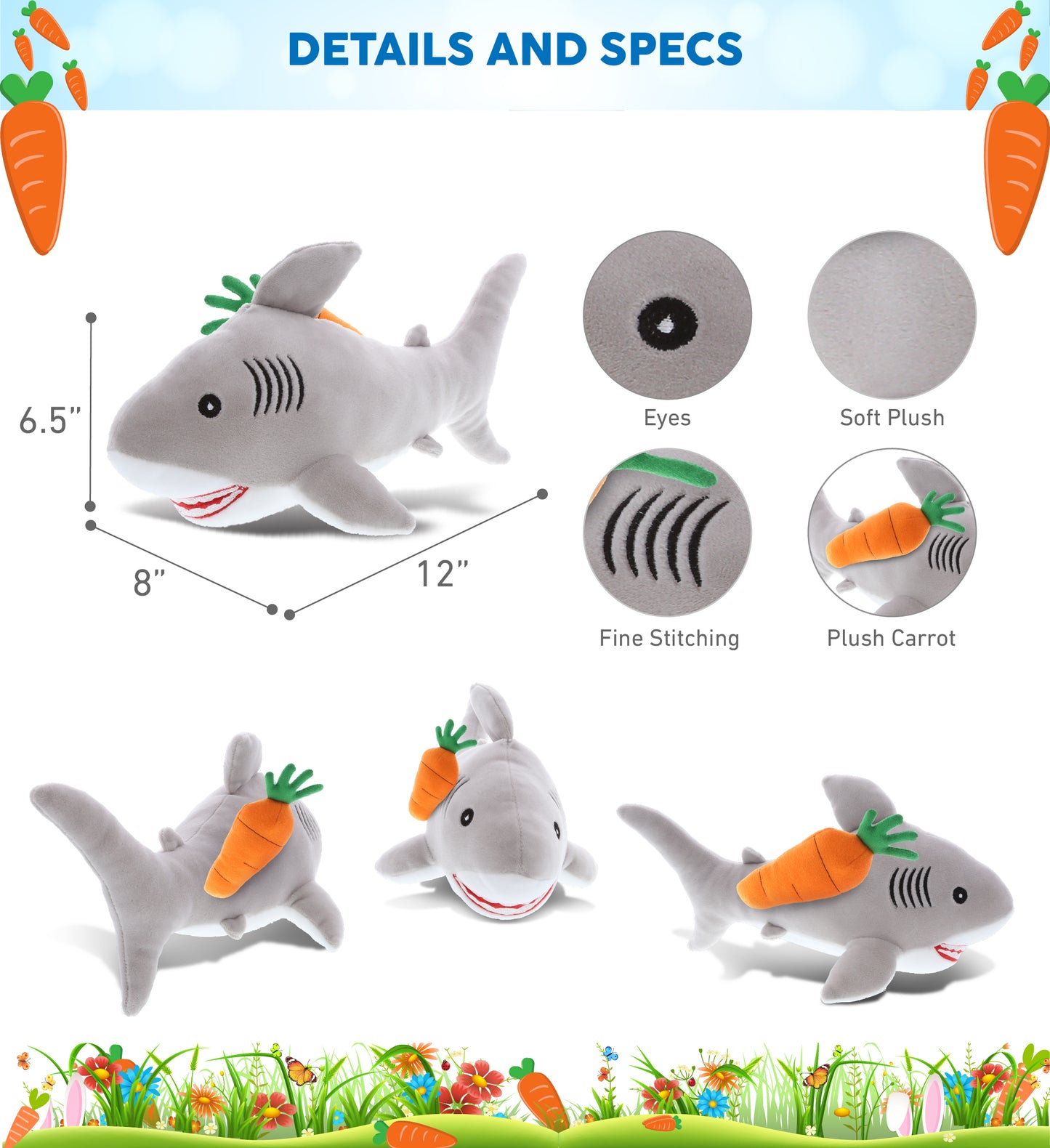 DolliBu Happy Easter Baby Soft Plush Grey Shark with Carrot Plush - 6.5 Inches