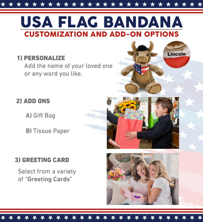 SUPER SOFT PLUSH - SITTING BUFFALO WITH USA FLAG BANDANA