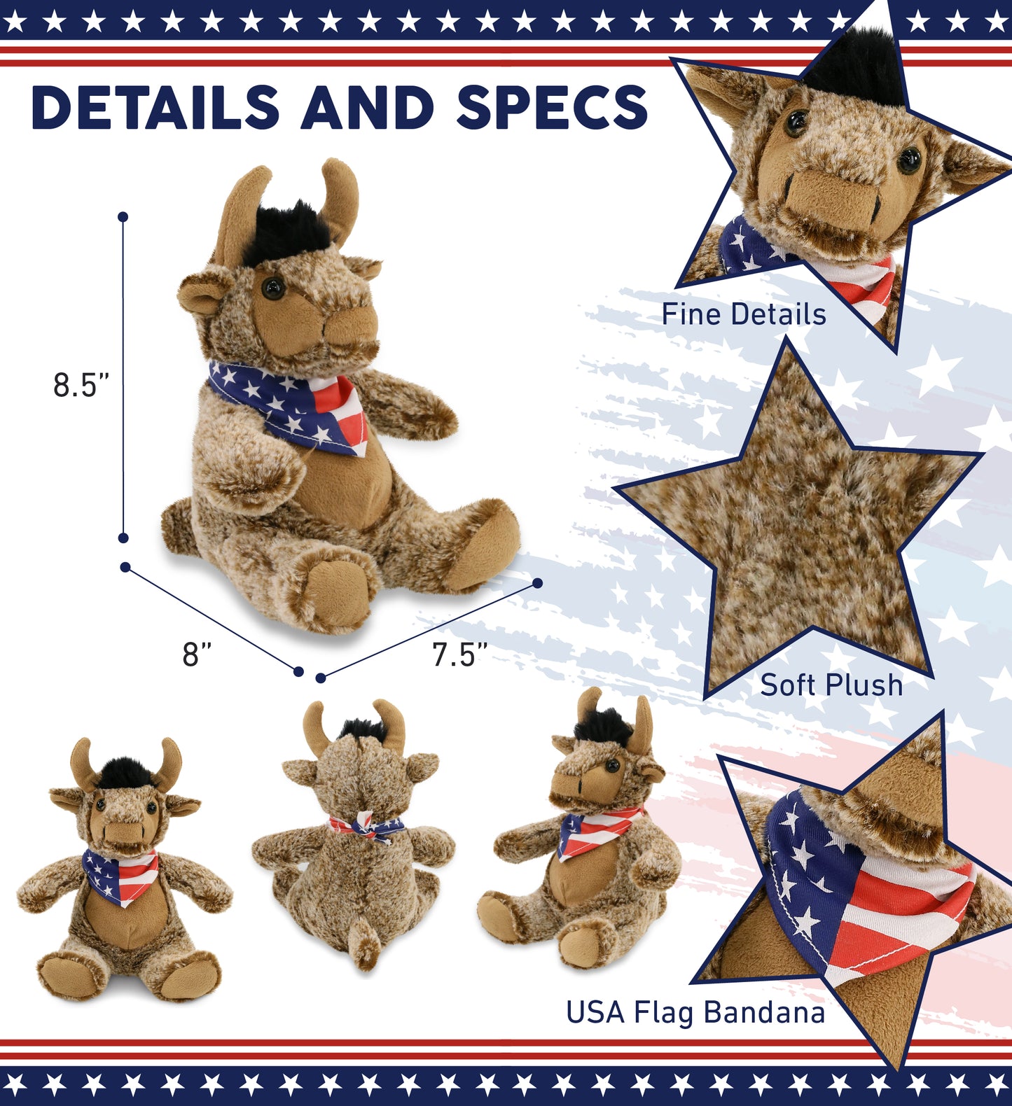 SUPER SOFT PLUSH - SITTING BUFFALO WITH USA FLAG BANDANA