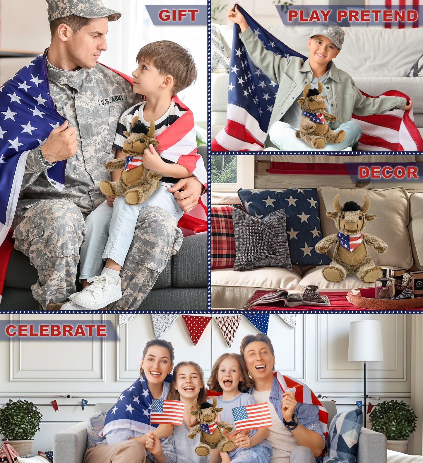 SUPER SOFT PLUSH - SITTING BUFFALO WITH USA FLAG BANDANA