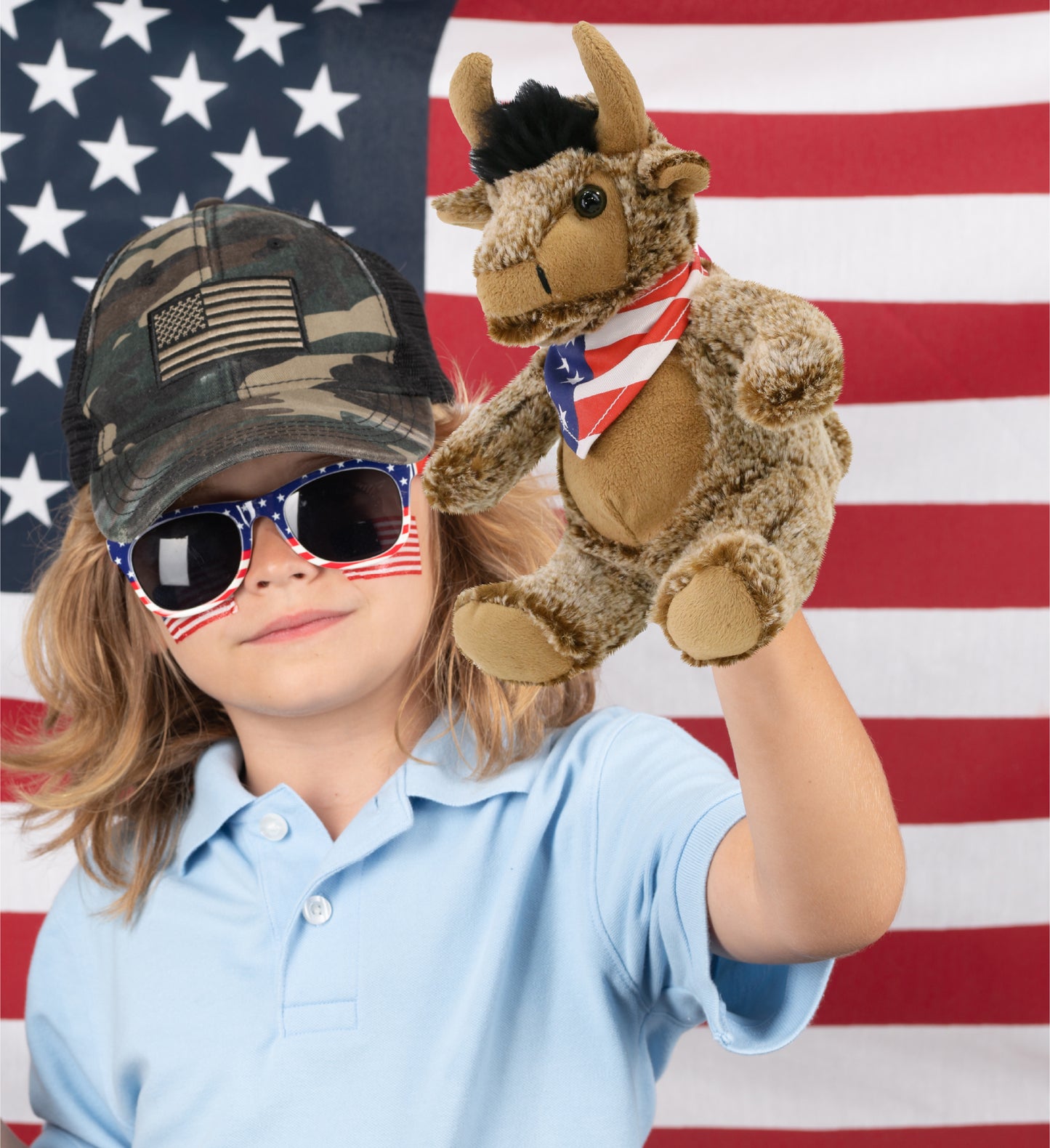SUPER SOFT PLUSH - SITTING BUFFALO WITH USA FLAG BANDANA