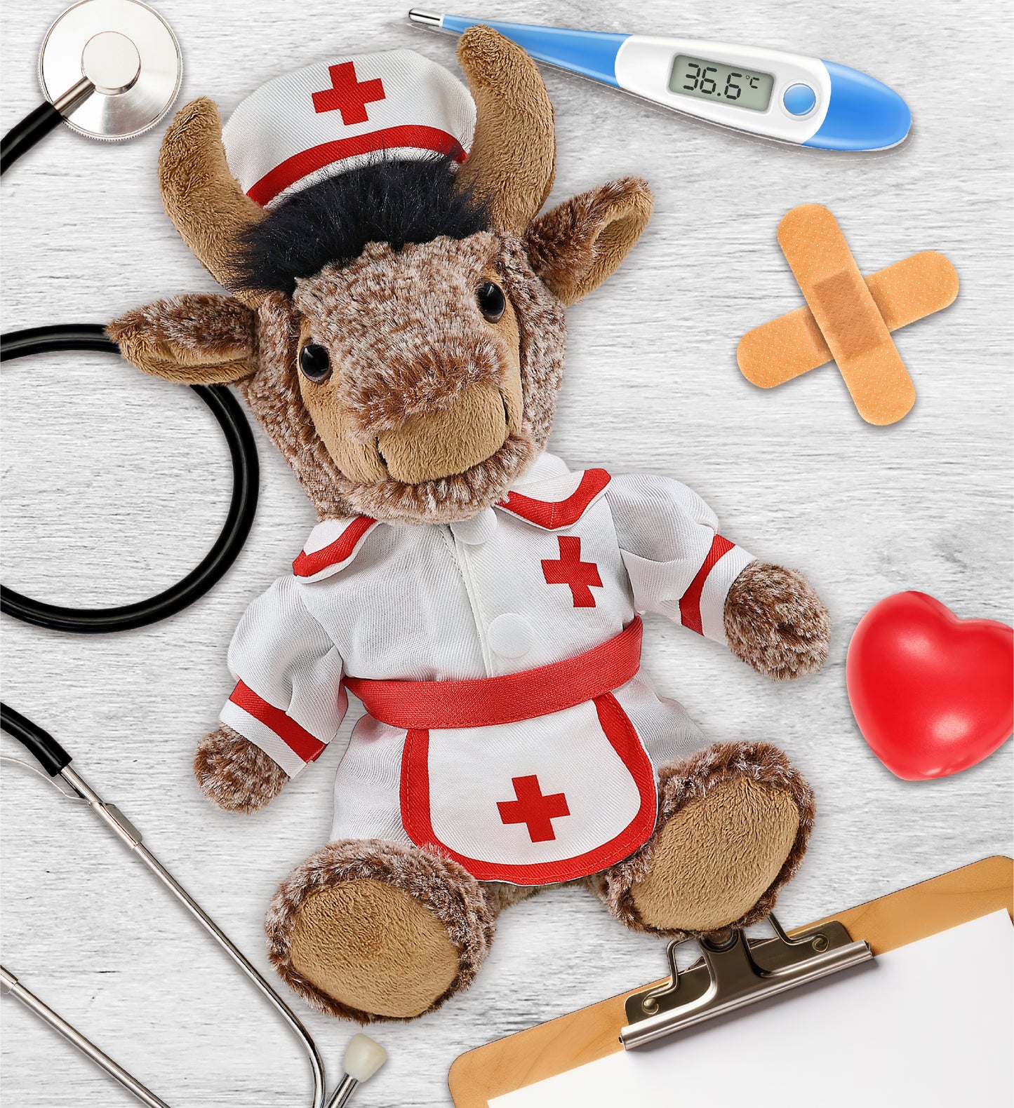 SUPER SOFT PLUSH - SITTING BUFFALO With NURSE Dress-Up