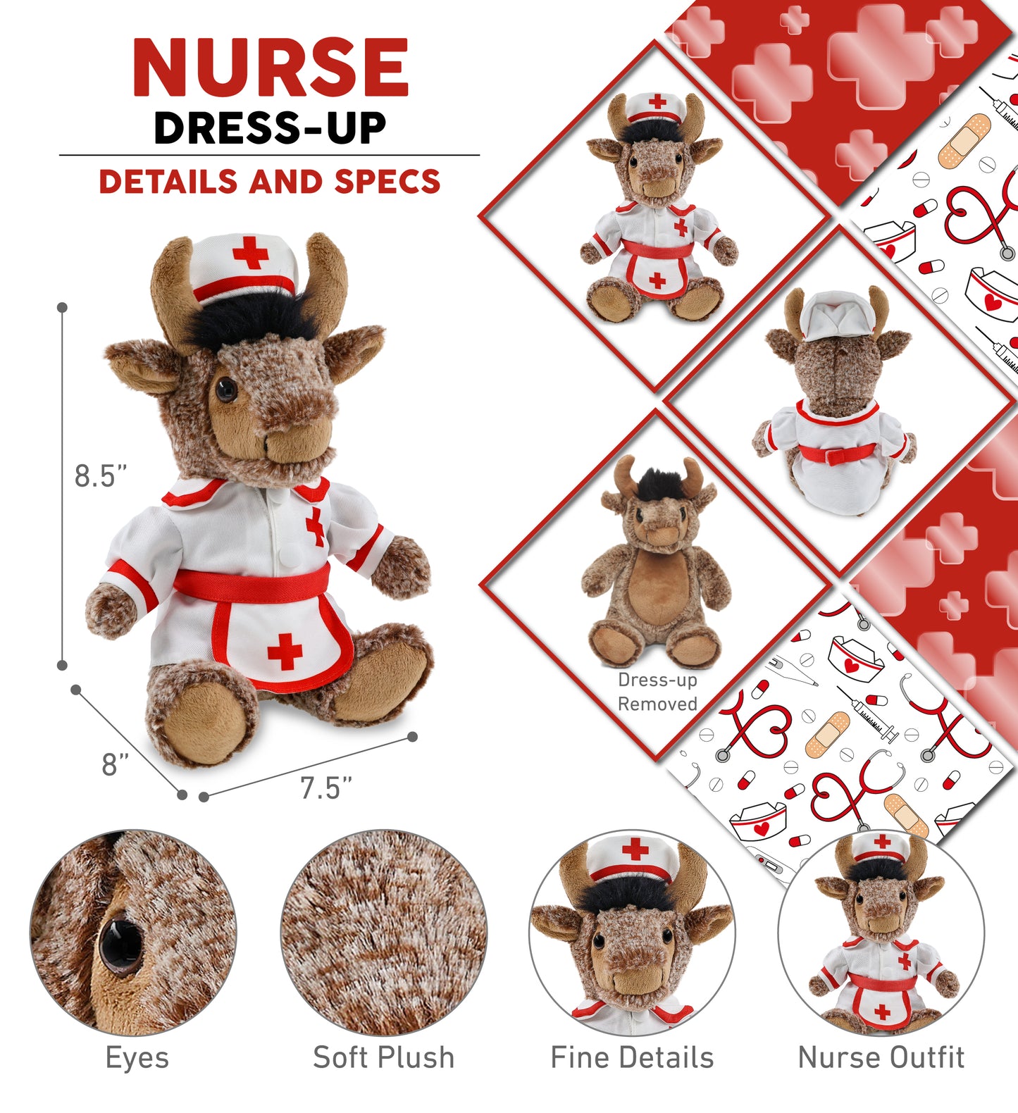 SUPER SOFT PLUSH - SITTING BUFFALO With NURSE Dress-Up