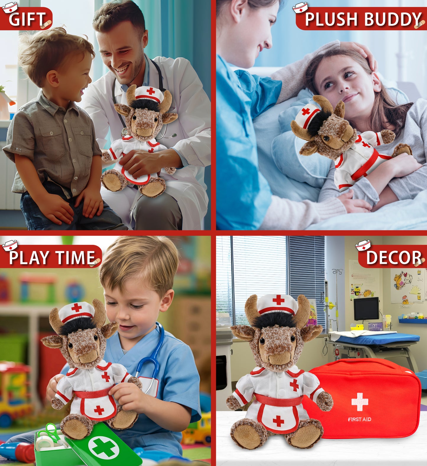 SUPER SOFT PLUSH - SITTING BUFFALO With NURSE Dress-Up