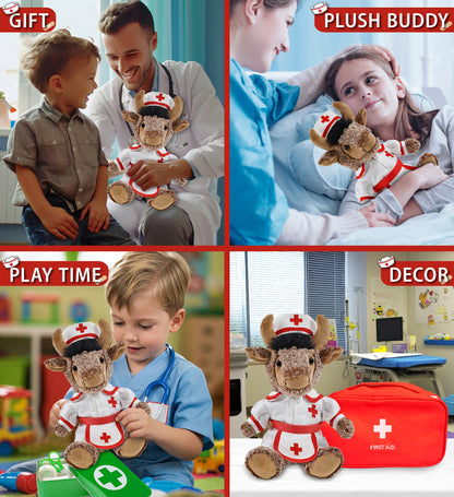 SUPER SOFT PLUSH - SITTING BUFFALO With NURSE Dress-Up