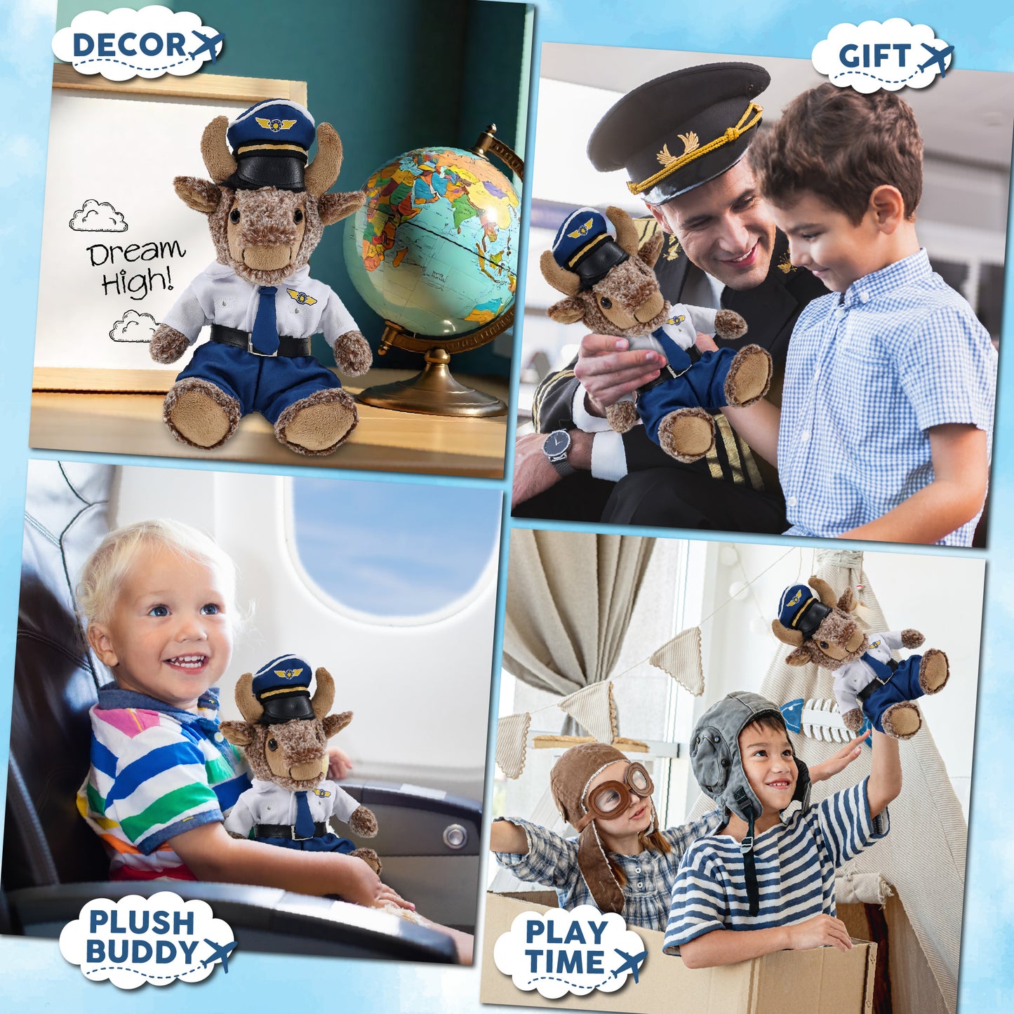 SUPER SOFT PLUSH - SITTING BUFFALO WITH PILOT DRESS UP