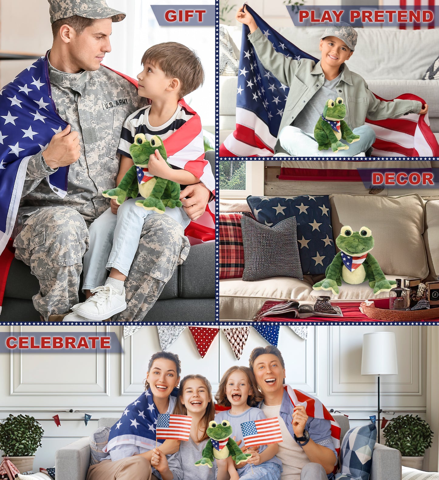 SUPER SOFT PLUSH - SQUAT FROG WITH USA FLAG BANDANA