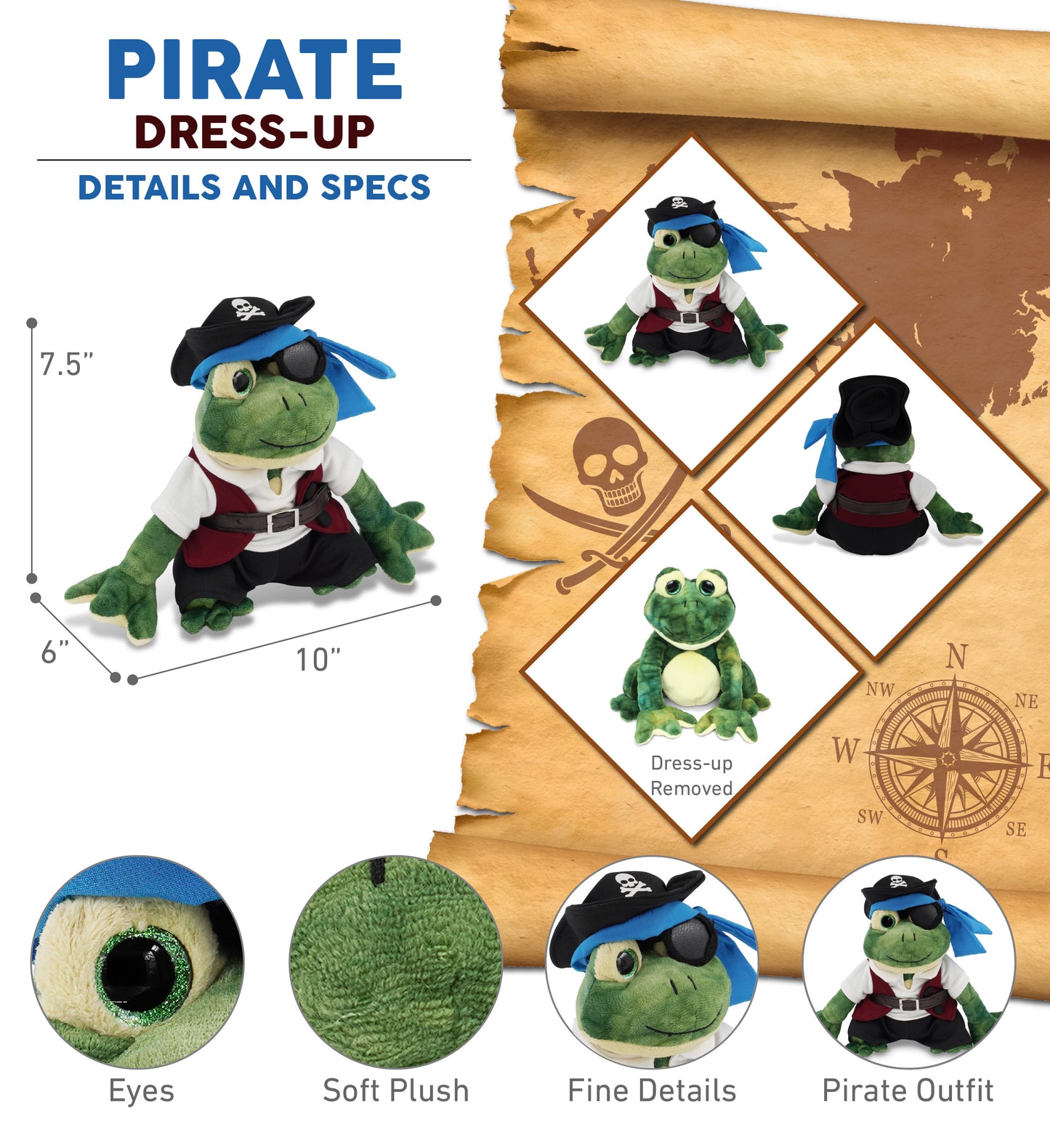 SUPER SOFT PLUSH - SQUAT FROG WITH PIRATE DRESS UP