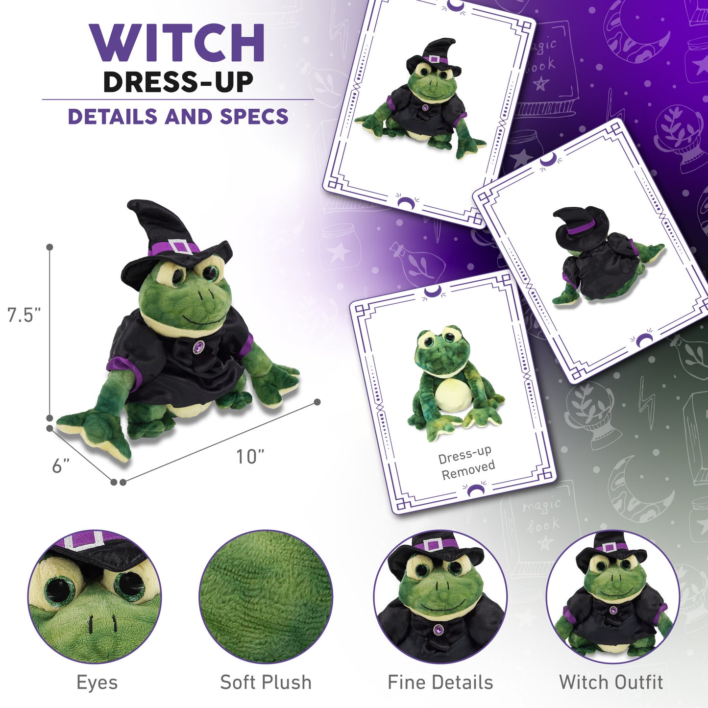 SUPER SOFT PLUSH - SQUAT FROG WITH WITCH DRESS UP