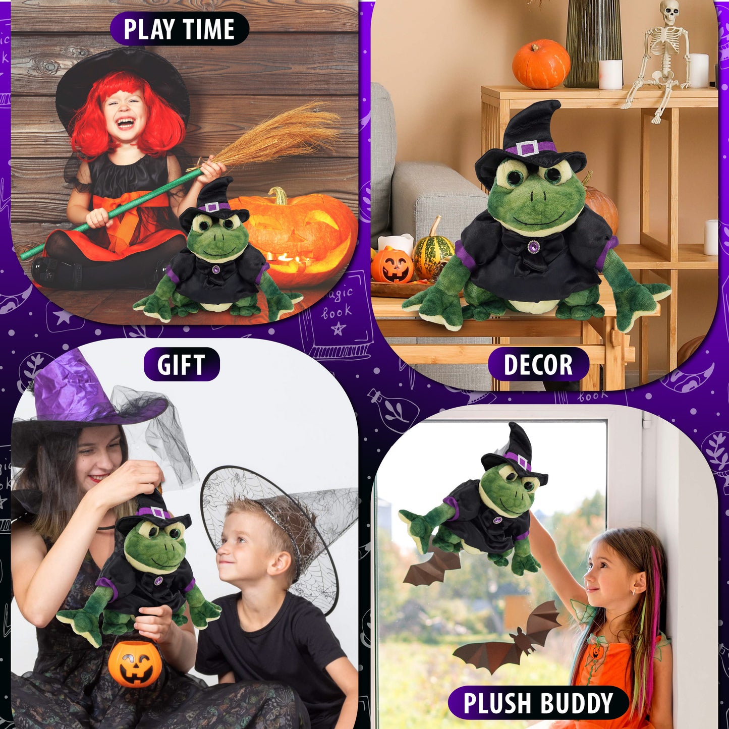 SUPER SOFT PLUSH - SQUAT FROG WITH WITCH DRESS UP