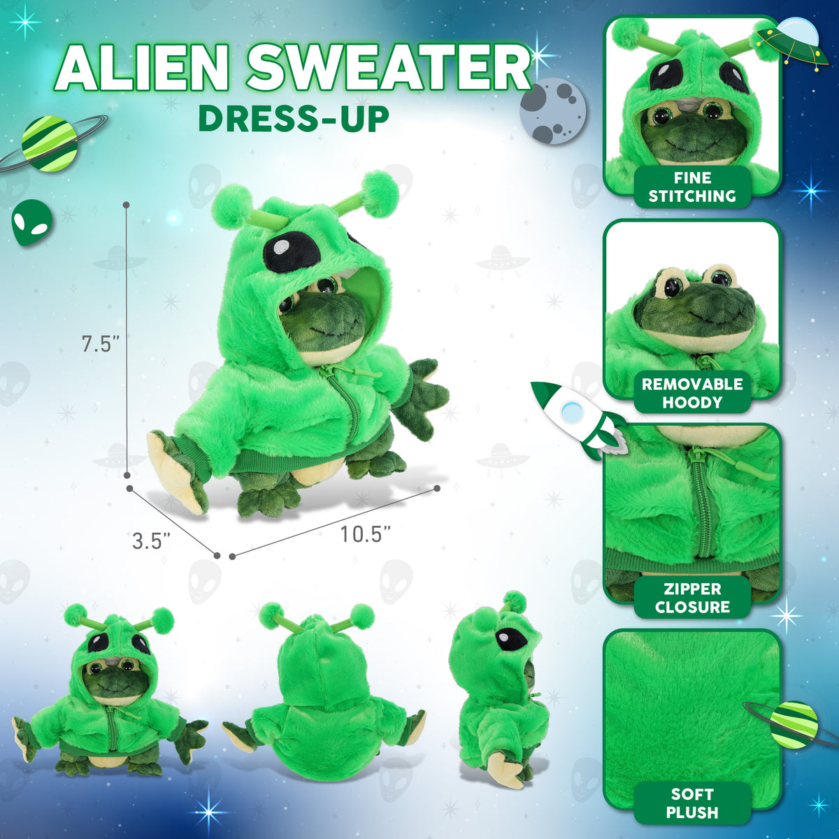 SUPER SOFT PLUSH - SQUAT FROG WITH ALIEN SWEATER