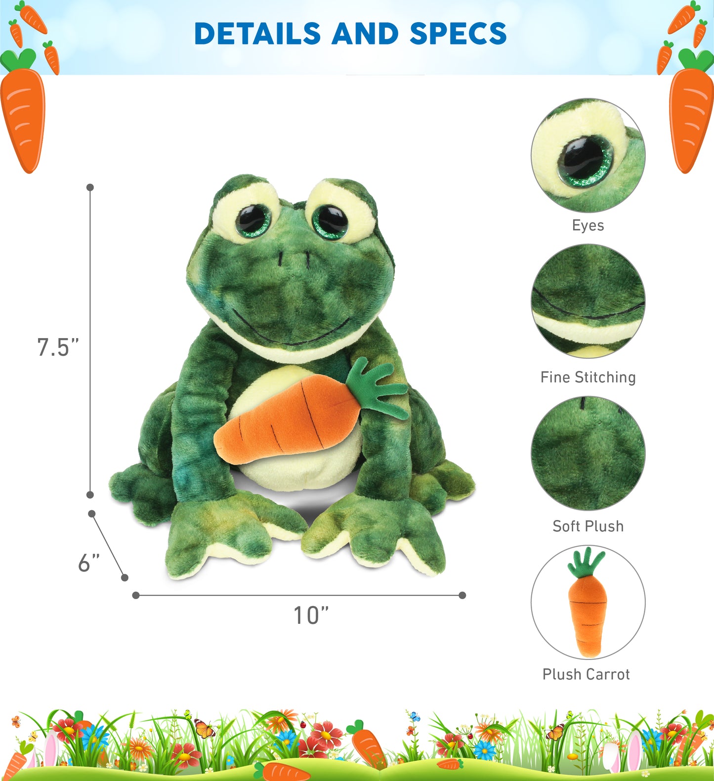 DolliBu Happy Easter Super Soft Plush Squat Frog with Carrot Plush - 7 Inches