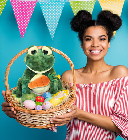 DolliBu Happy Easter Super Soft Plush Squat Frog with Carrot Plush - 7 Inches