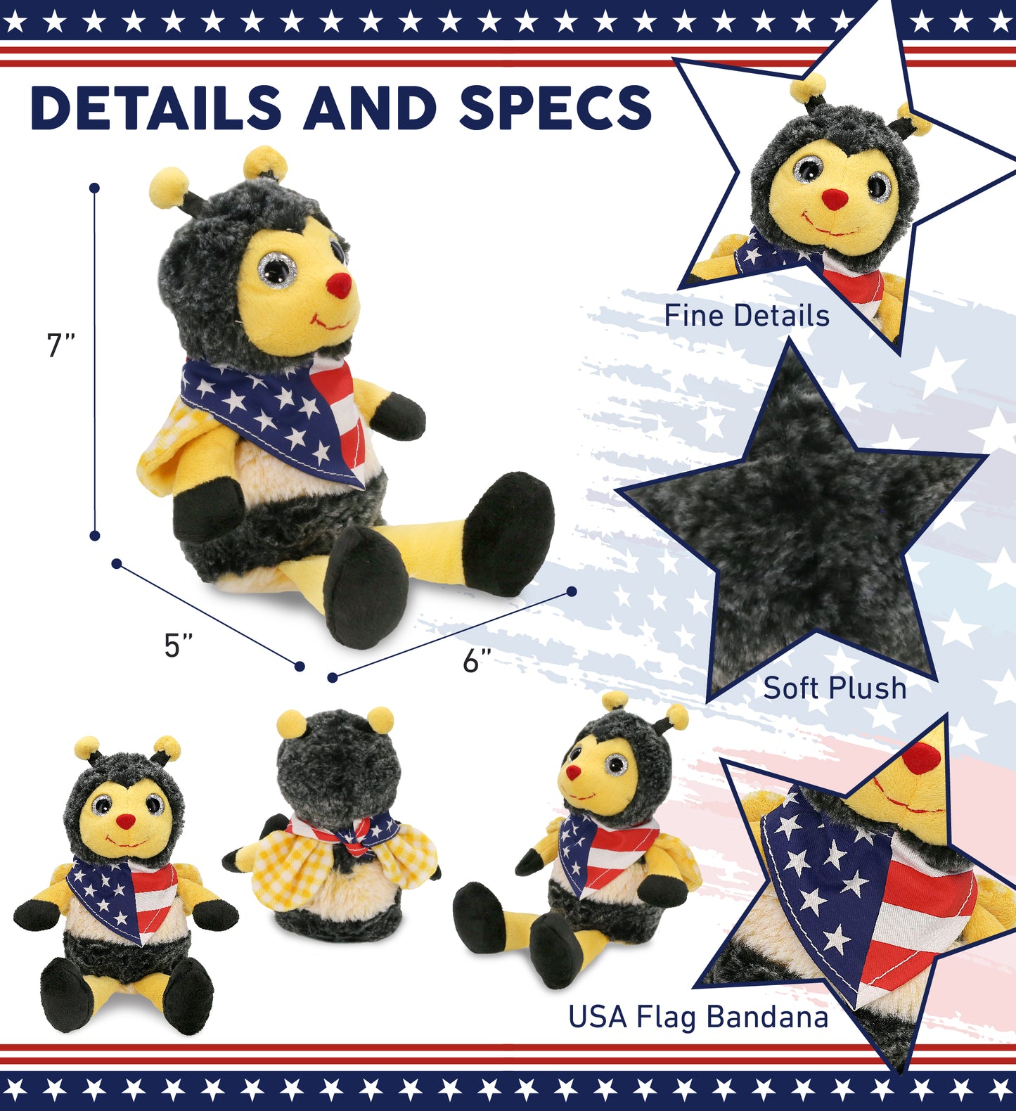SUPER SOFT PLUSH - SITTING BEE WITH USA FLAG BANDANA