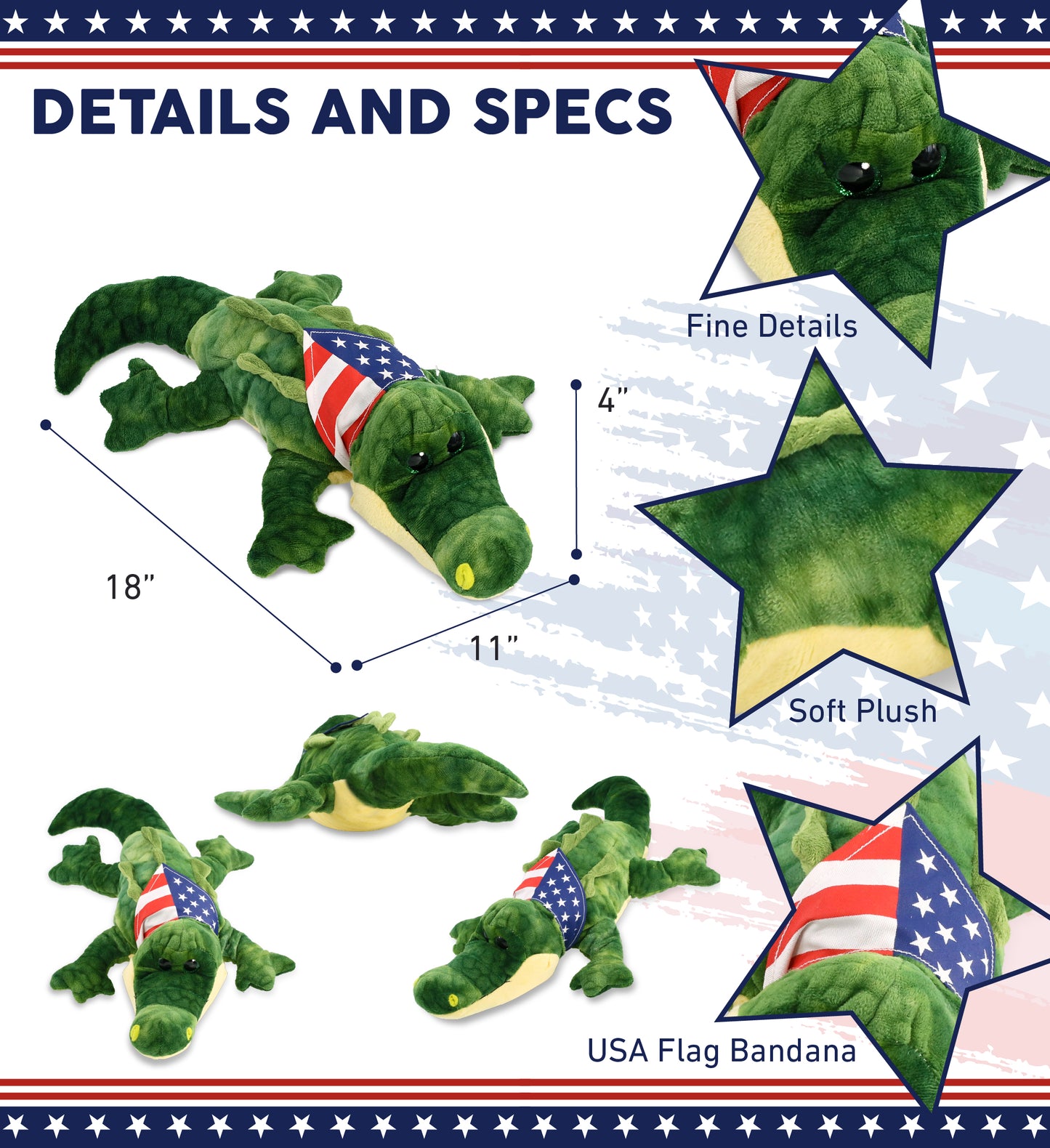 SUPER SOFT PLUSH - GATOR WITH USA FLAG BANDANA