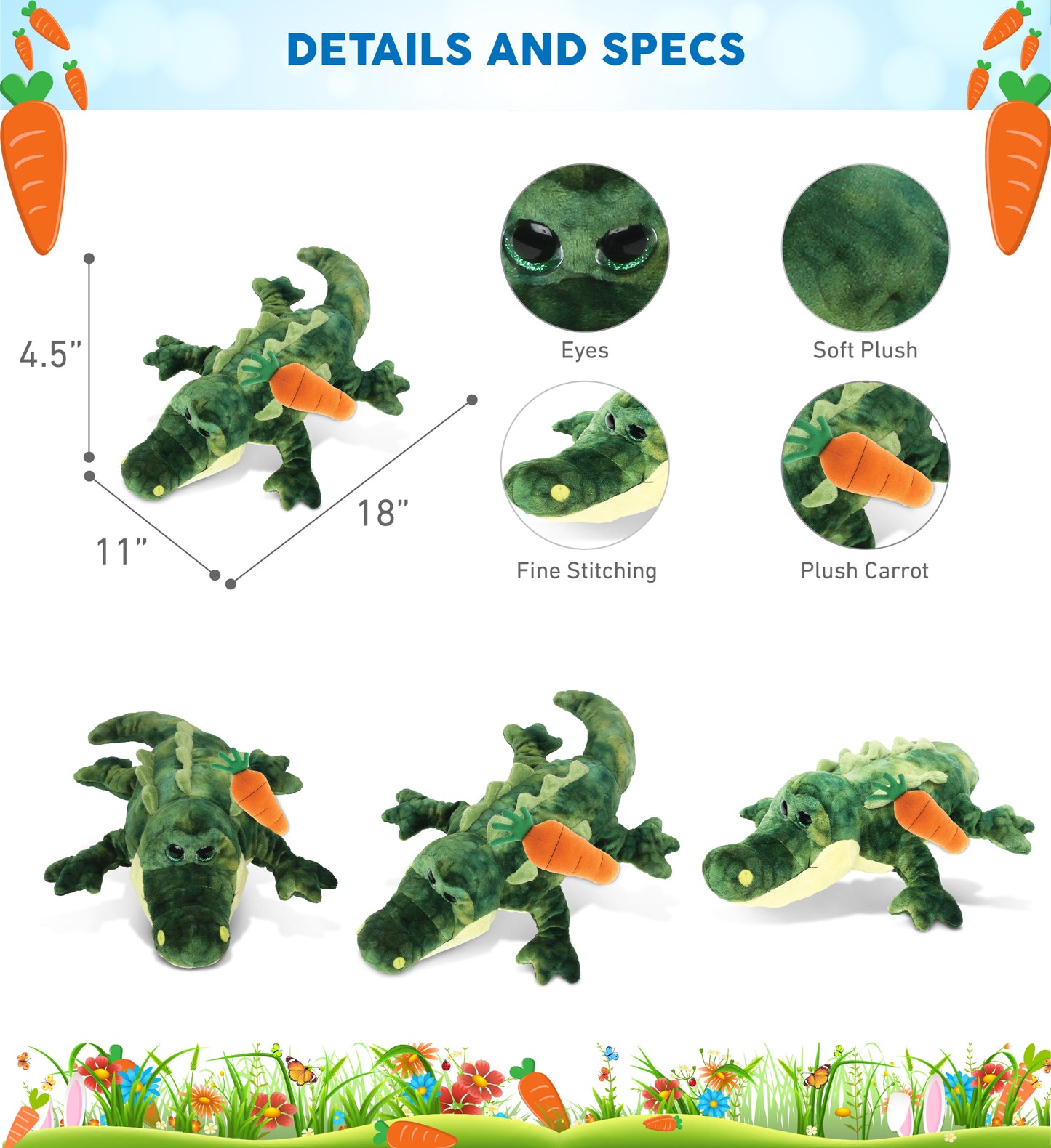 DolliBu Happy Easter Super Soft Plush Gator with Carrot Plush Toy - 18 Inches