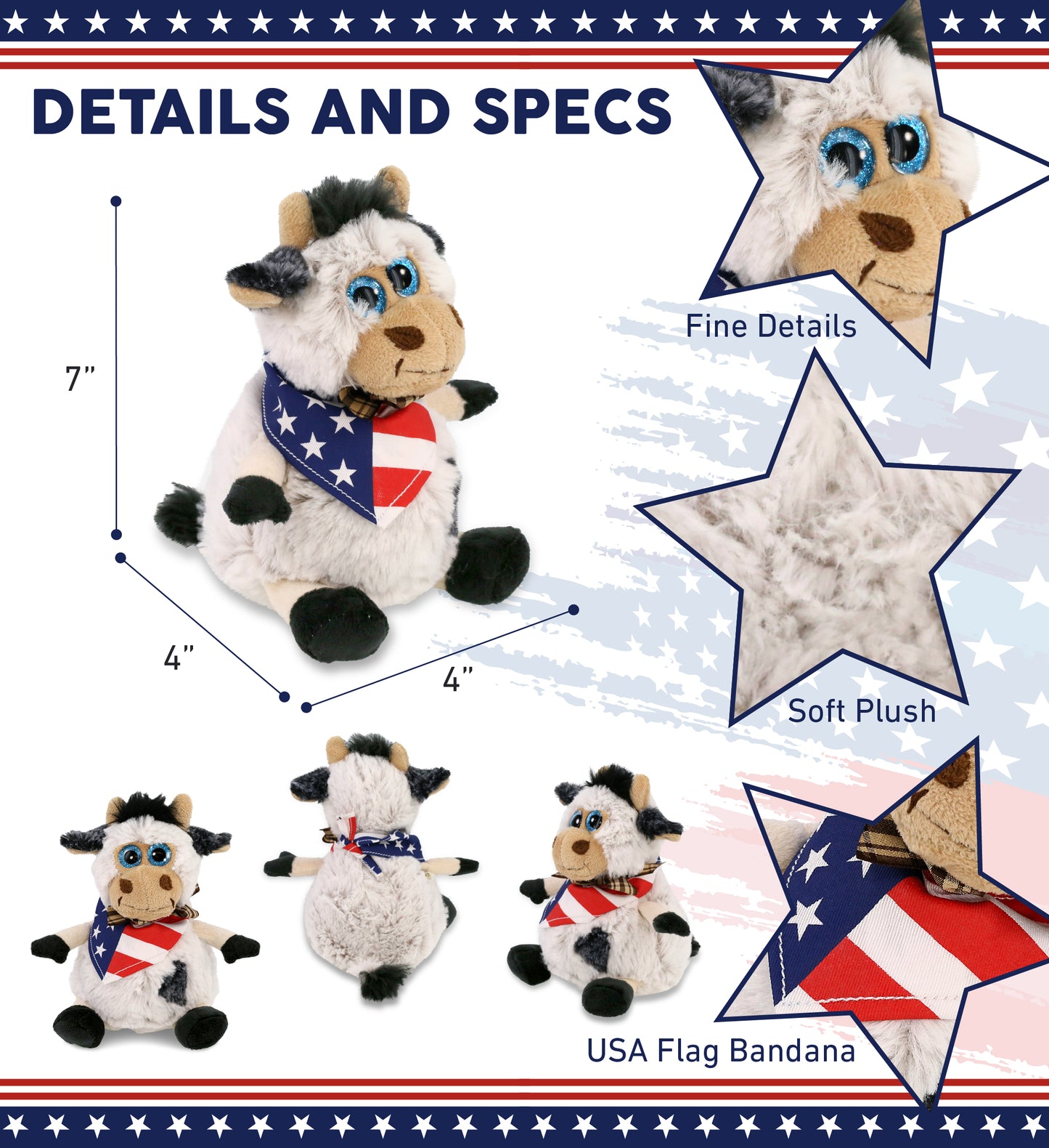 SUPER SOFT PLUSH - SITTING COW WITH USA FLAG BANDANA