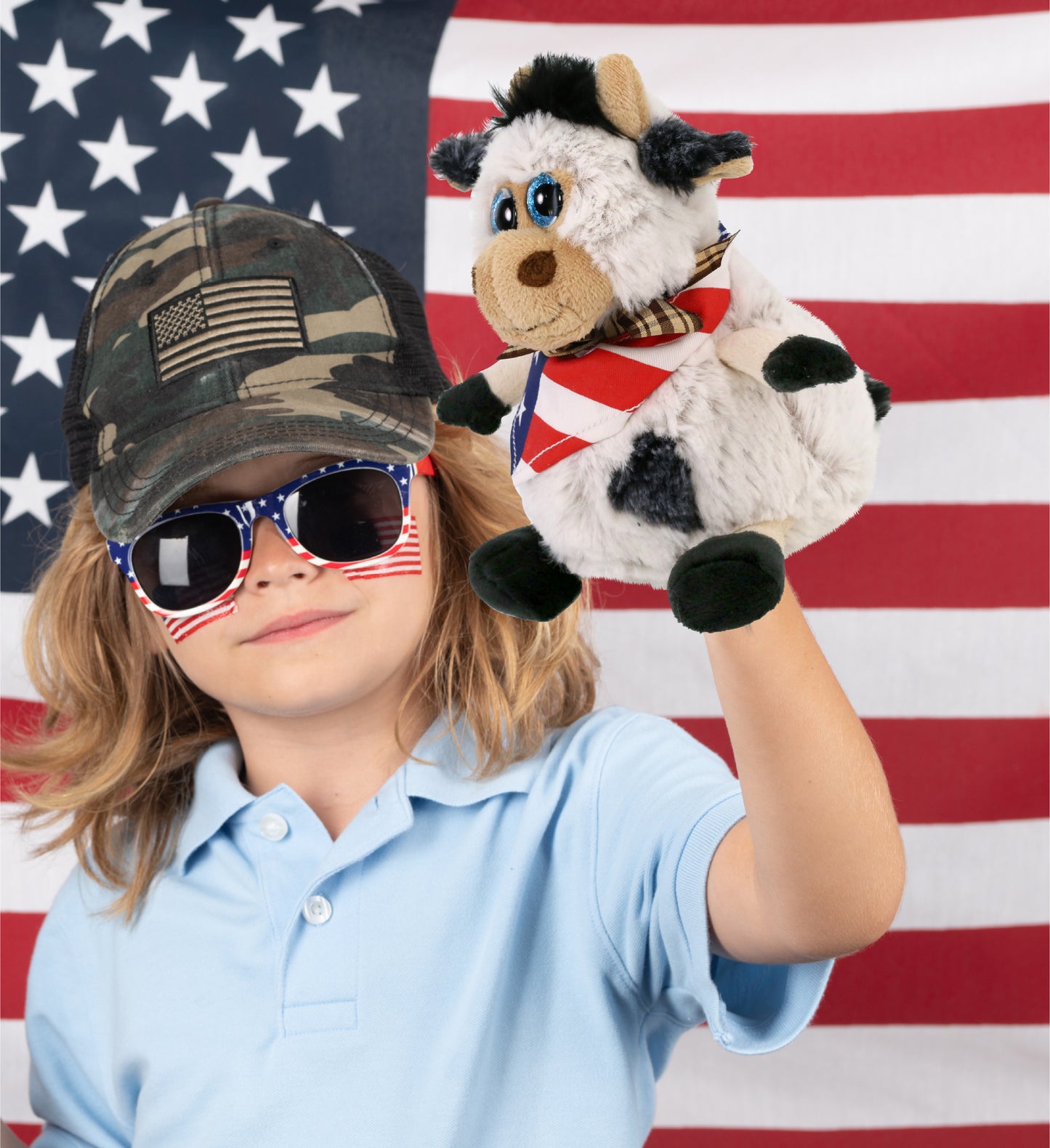 SUPER SOFT PLUSH - SITTING COW WITH USA FLAG BANDANA