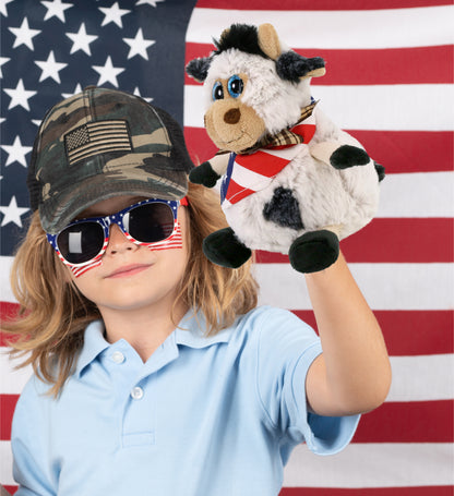 SUPER SOFT PLUSH - SITTING COW WITH USA FLAG BANDANA