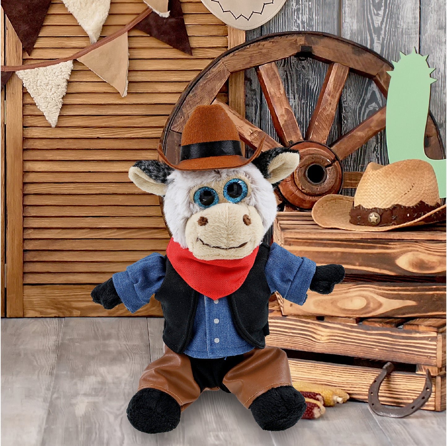 SUPER SOFT PLUSH - SITTING COW With COWBOY Dress Up