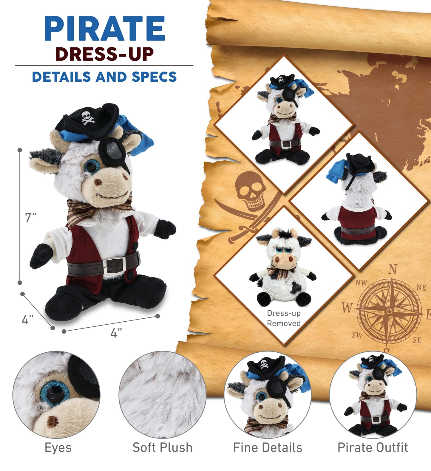 SUPER SOFT PLUSH - SITTING COW PIRATE DRESS UP