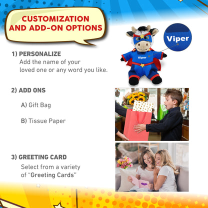 SUPER SOFT PLUSH - SITTING COW With SUPER HERO Dress Up