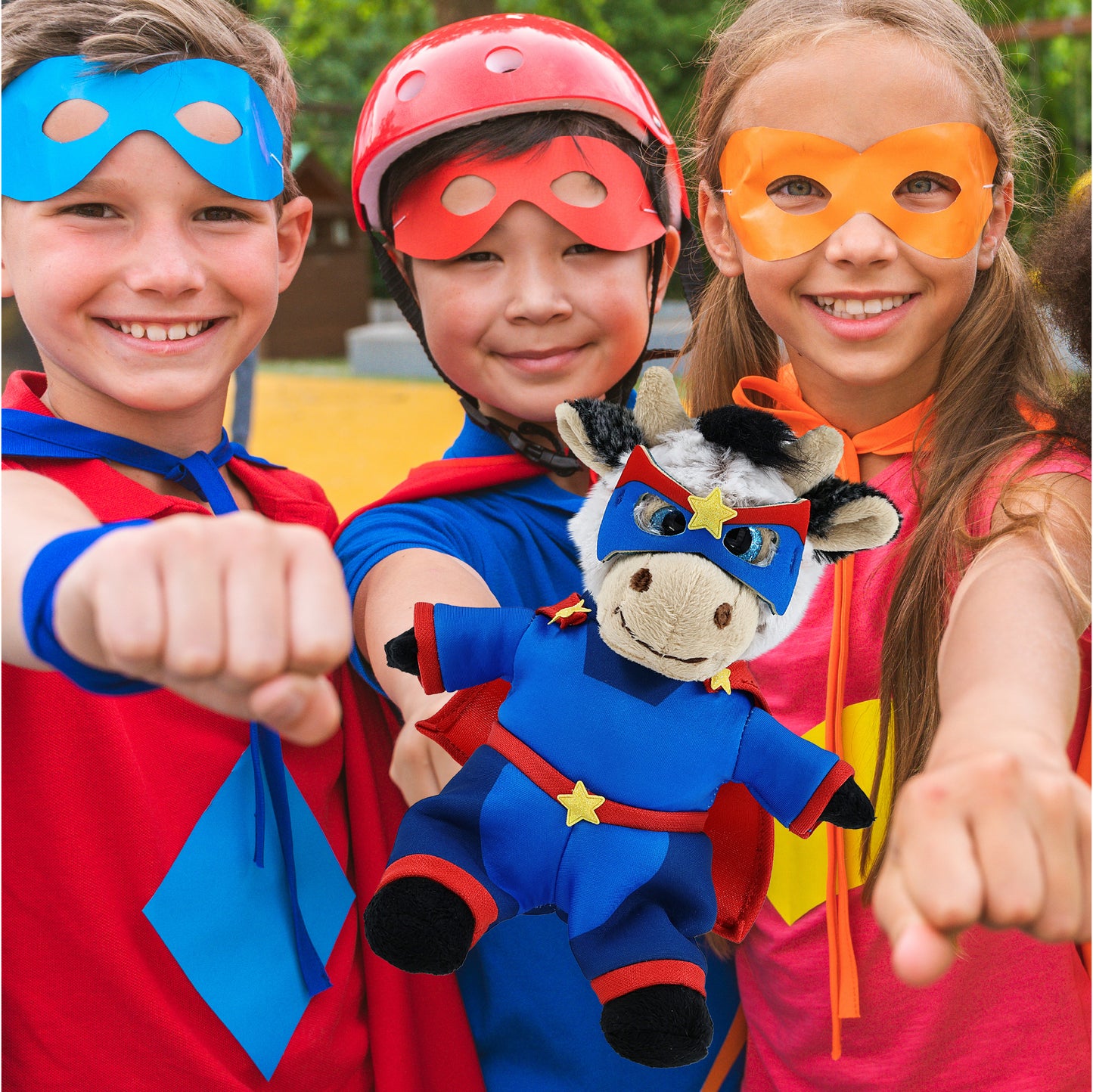 SUPER SOFT PLUSH - SITTING COW With SUPER HERO Dress Up