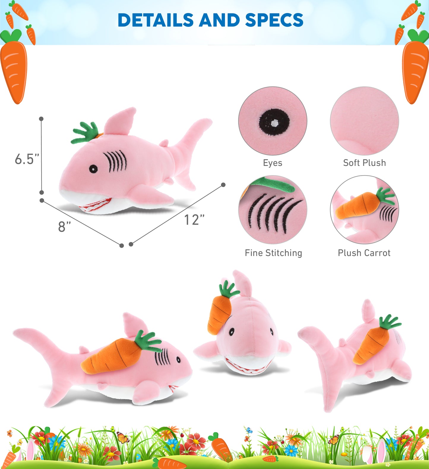 DolliBu Happy Easter Baby Soft Plush Pink Shark with Carrot Plush - 6.5 Inches