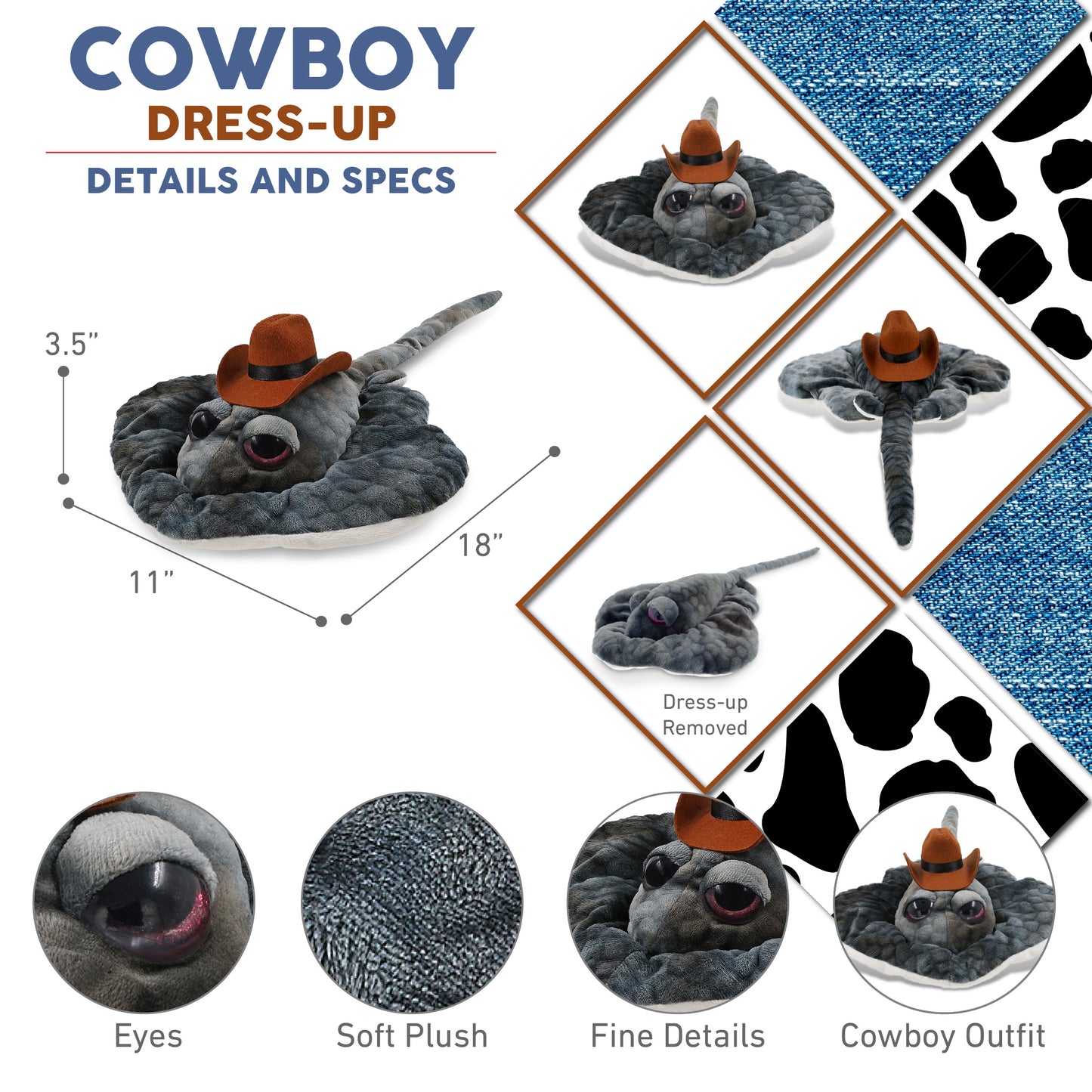 WILD COLLECTION PLUSH - 18.5" GREY STINGRAY COWBOY DRESS UP