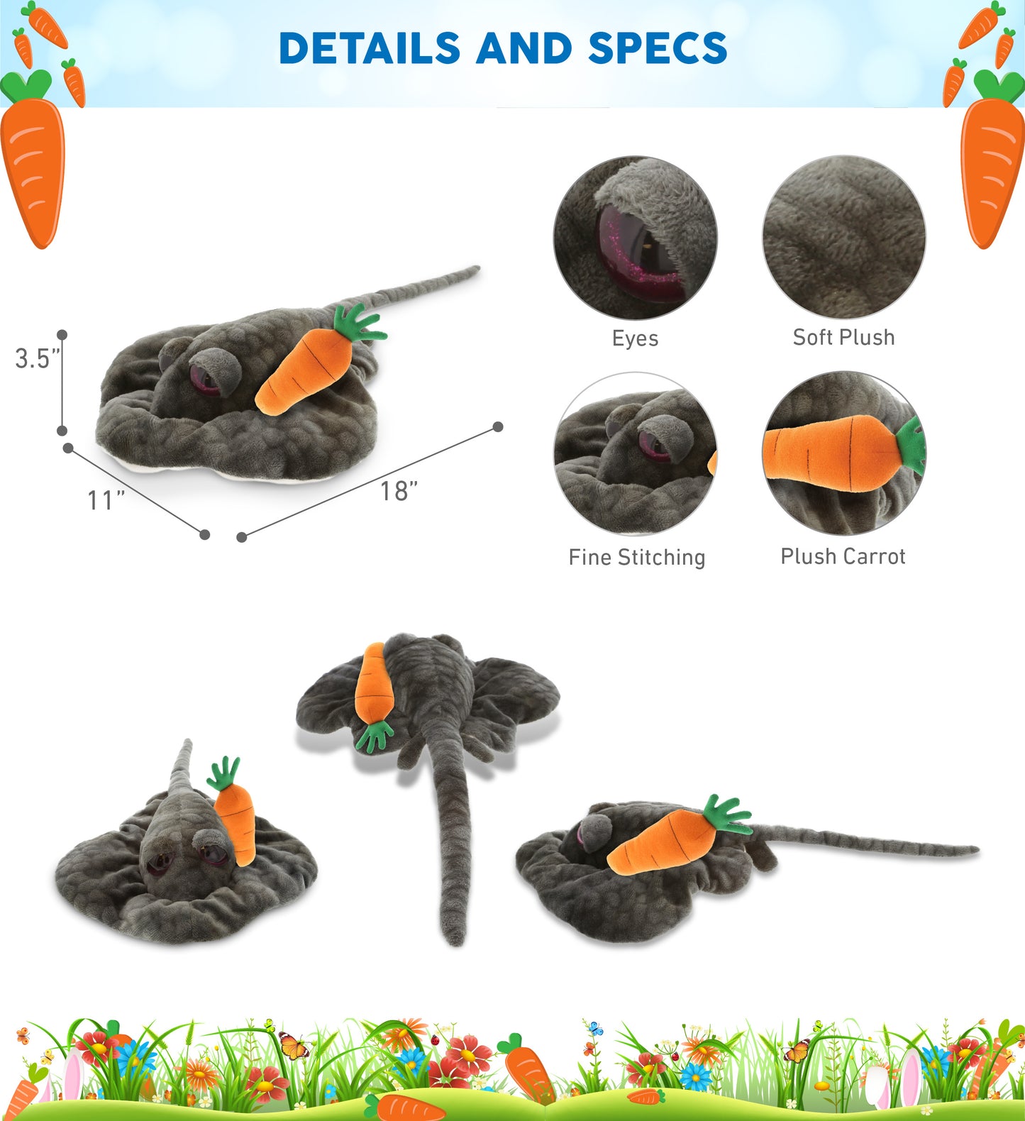 DolliBu Happy Easter Super Soft Plush Grey Stingray with Carrot - 18.5 Inches