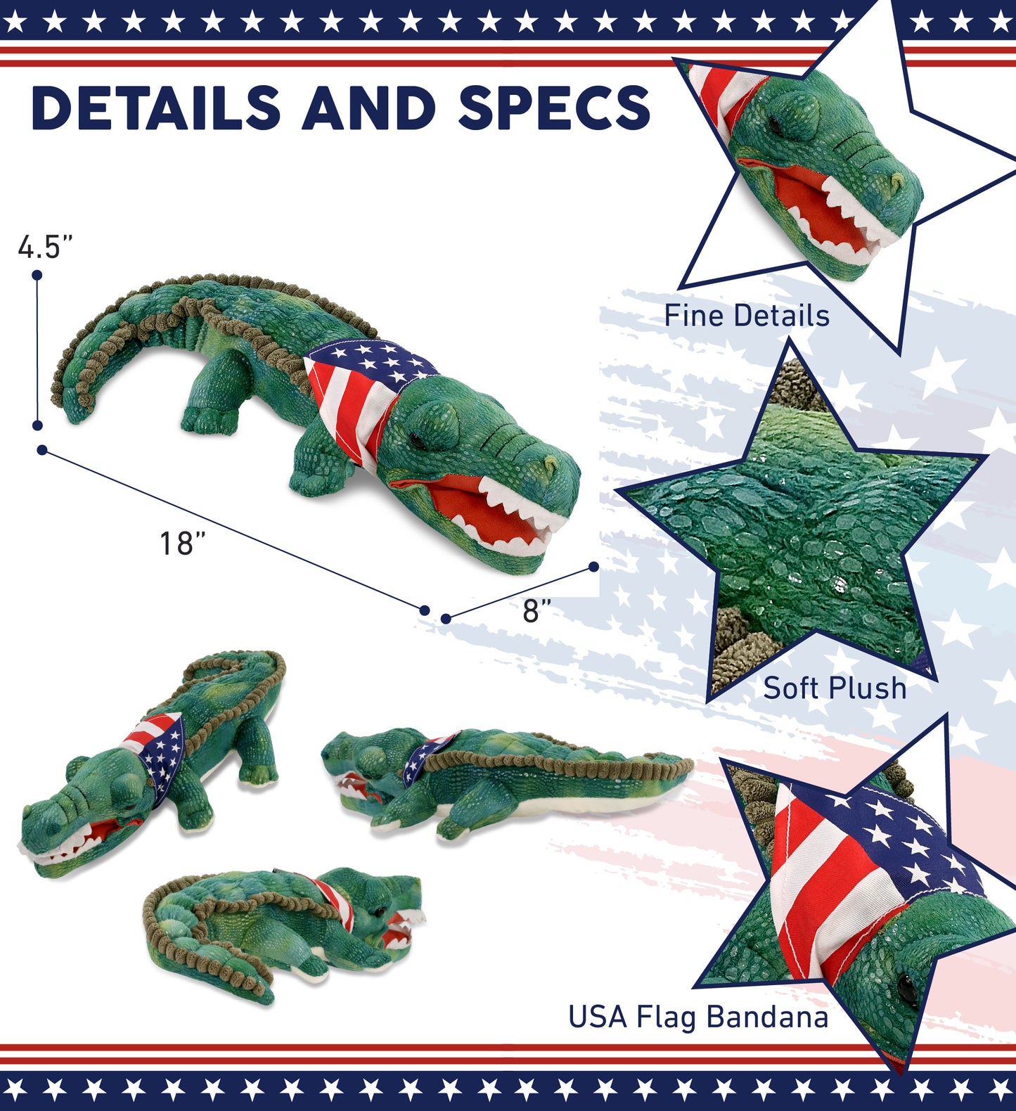WILD COLLECTION PLUSH - 18" GREEN ALLIGATOR WITH USA FLAG BANDANA